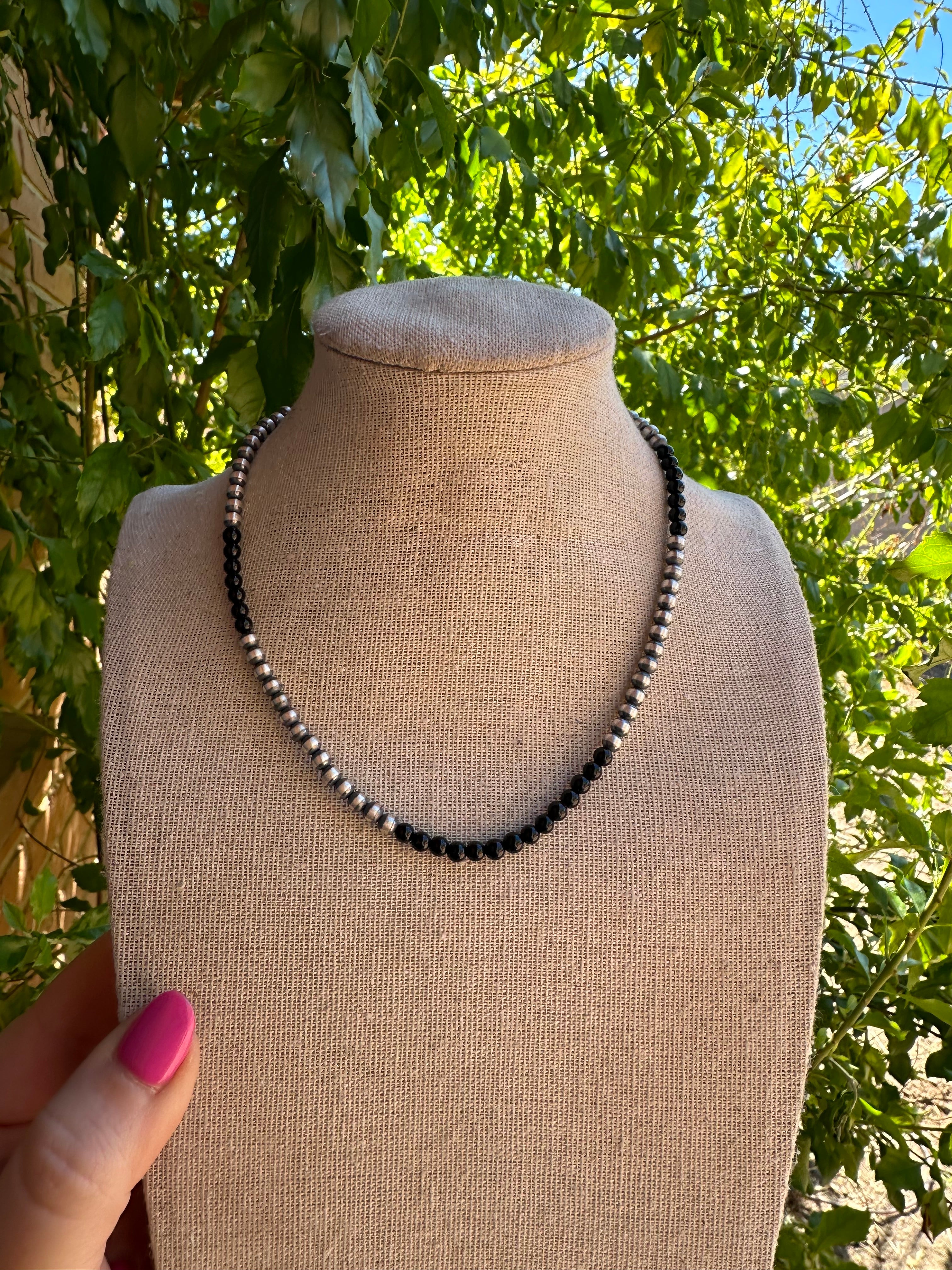 Navajo Pearl Sterling Silver & Black Onyx Beaded Necklace