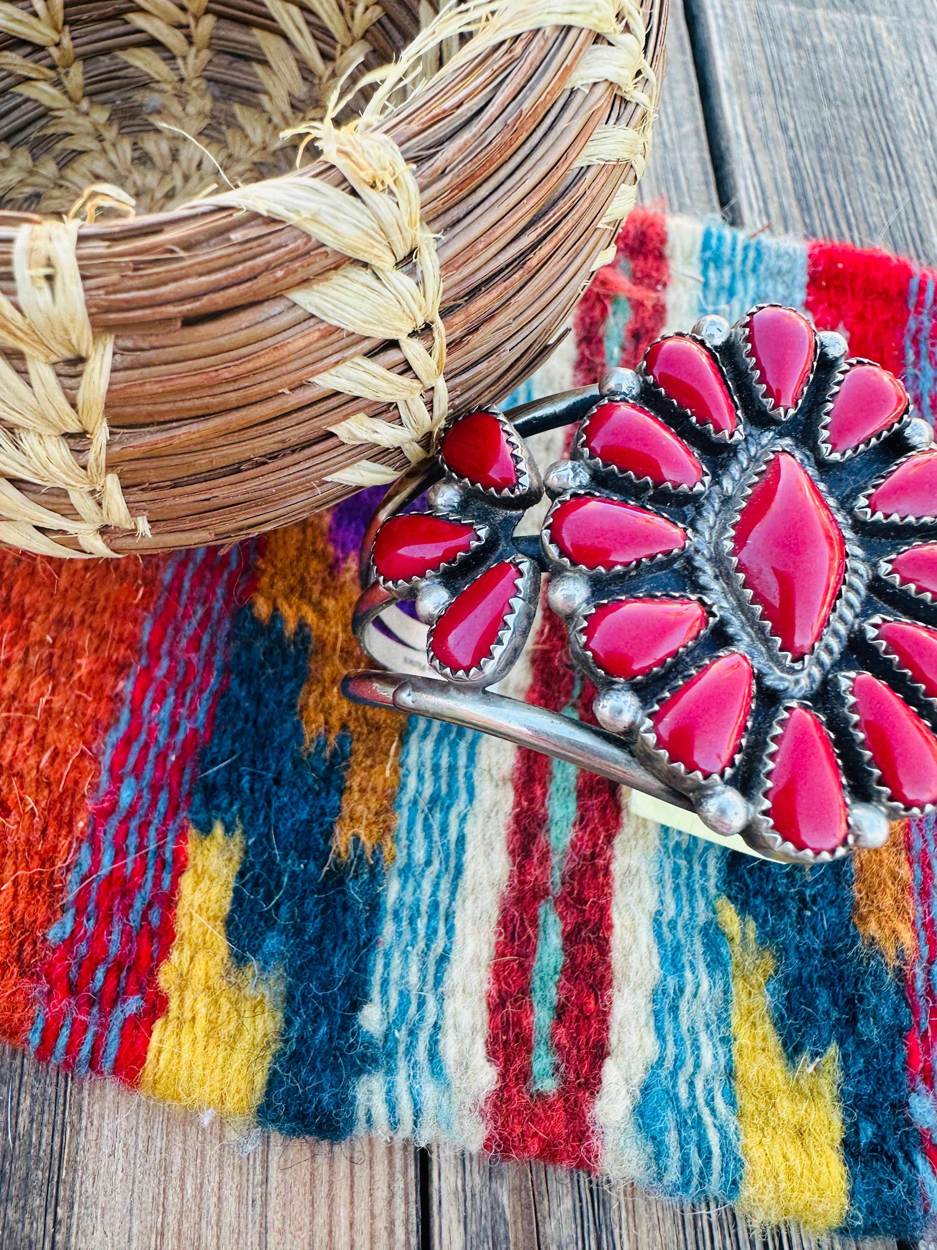 Handcrafted Old Pawn Coral & Sterling Silver Cluster Cuff Bracelet