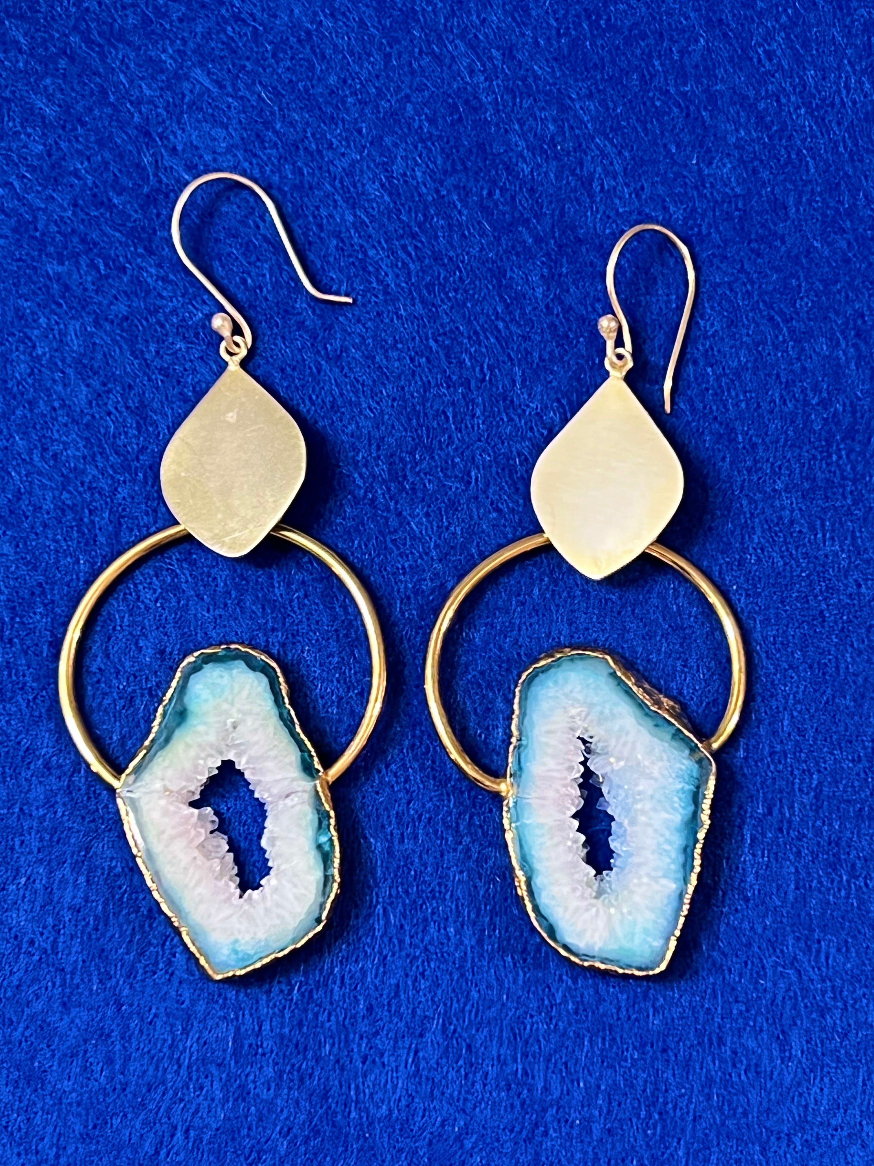 Handmade 14k Gold Druzy Plated Brass Blue Geode Wire Dangle Hoop Earrings