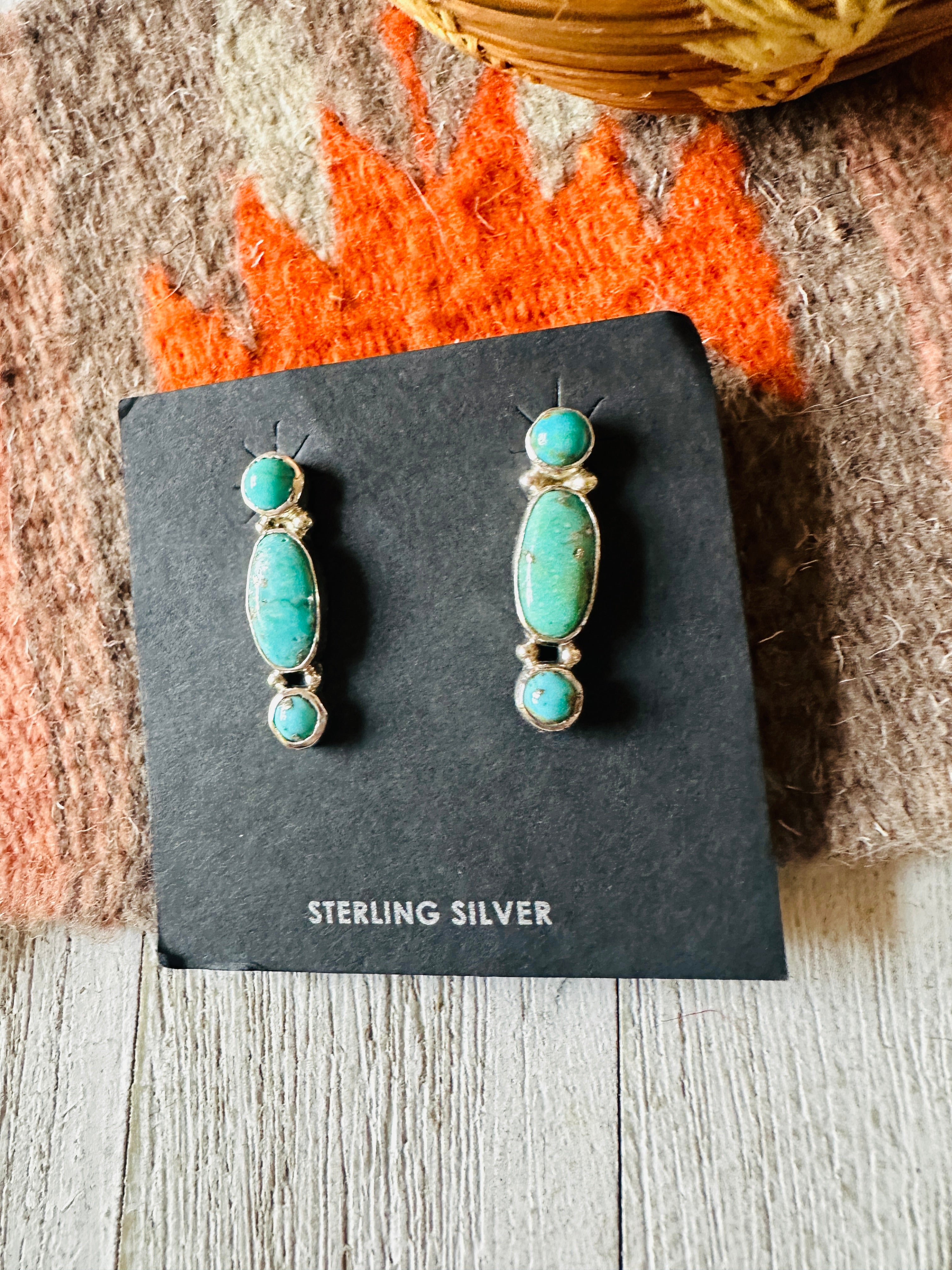 Navajo 3-Stone Turquoise And Sterling Silver Dangle Earrings