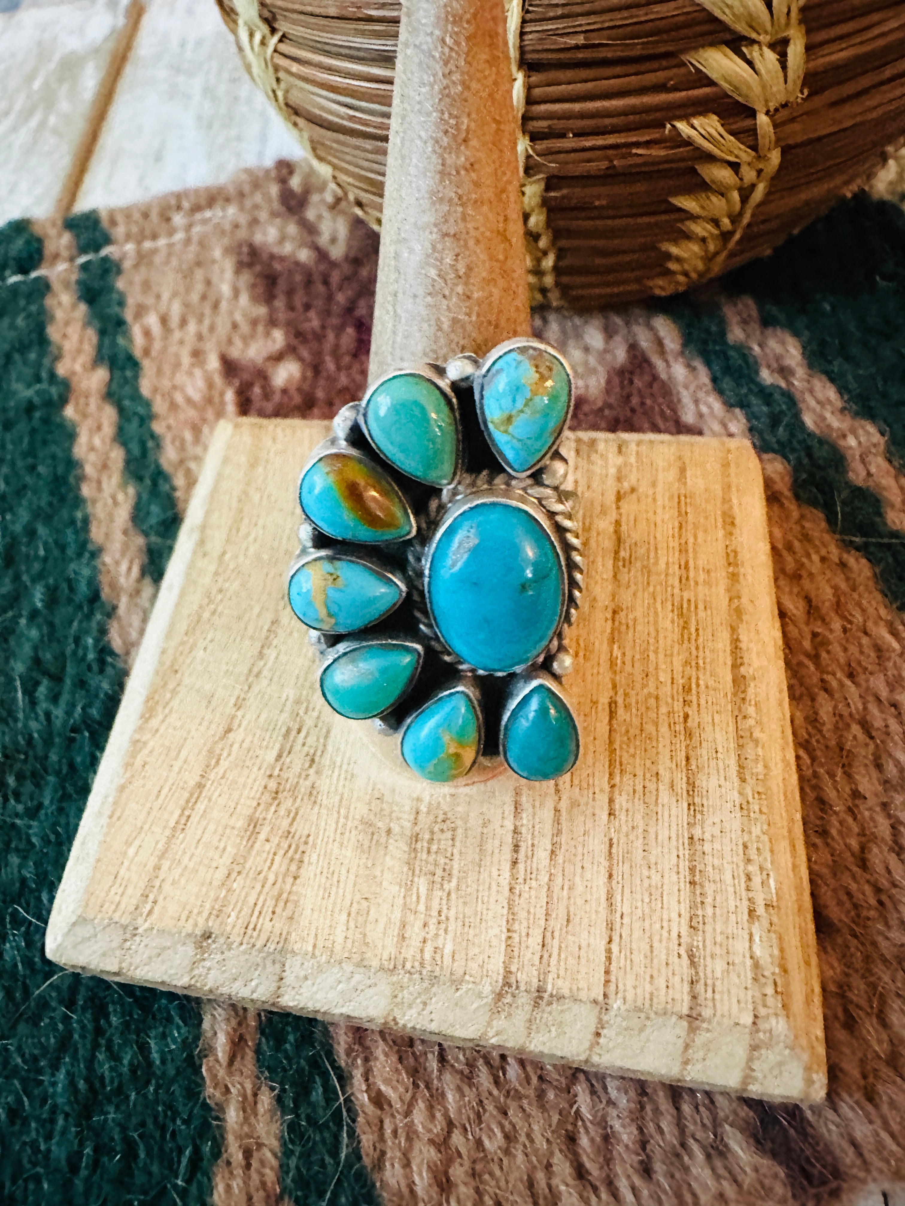 Navajo Turquoise & Sterling Silver Cluster Adjustable Ring