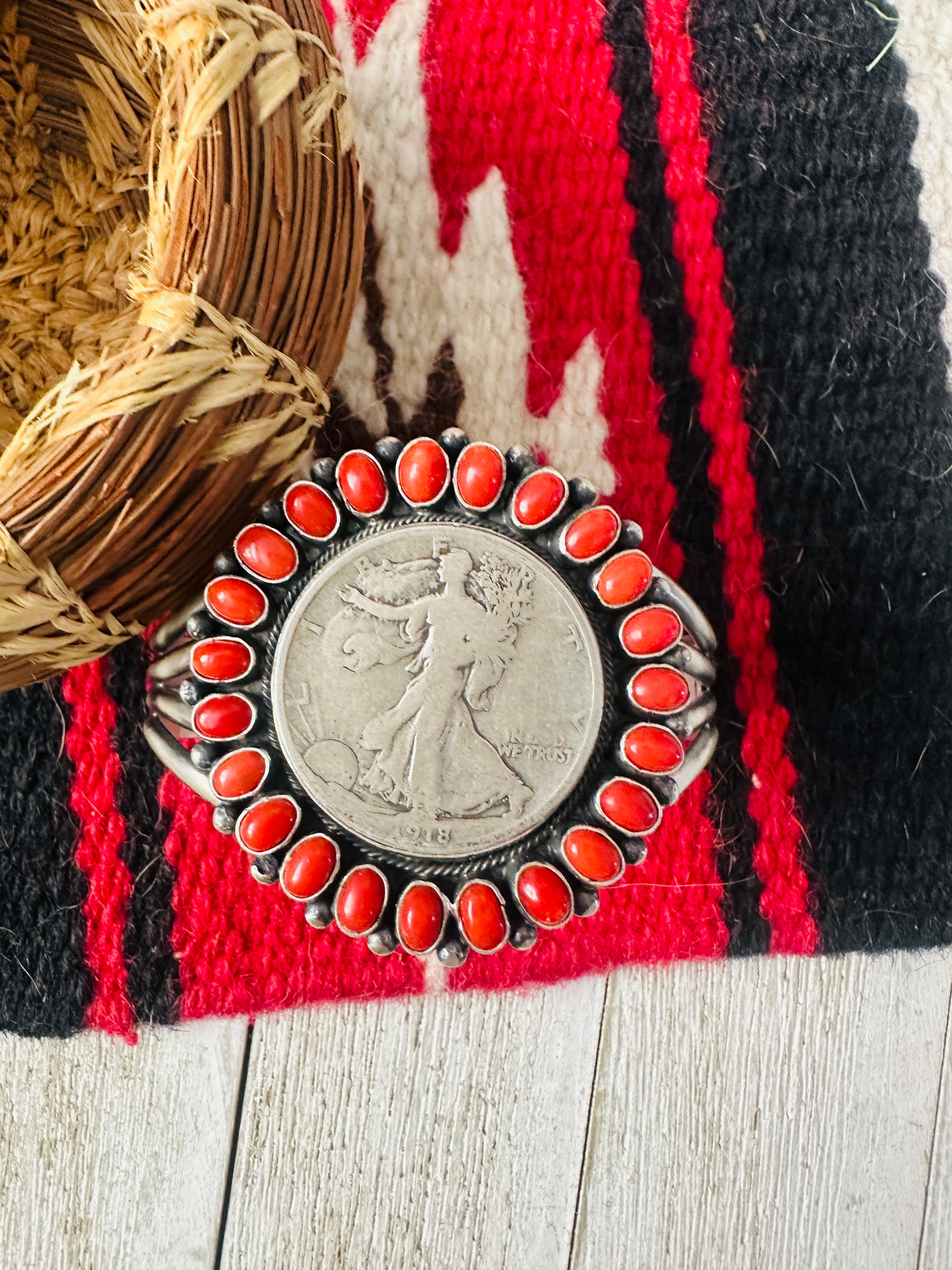 Handcrafted Coral & Sterling Silver Liberty Coin Cuff Bracelet by Darrin Livingston