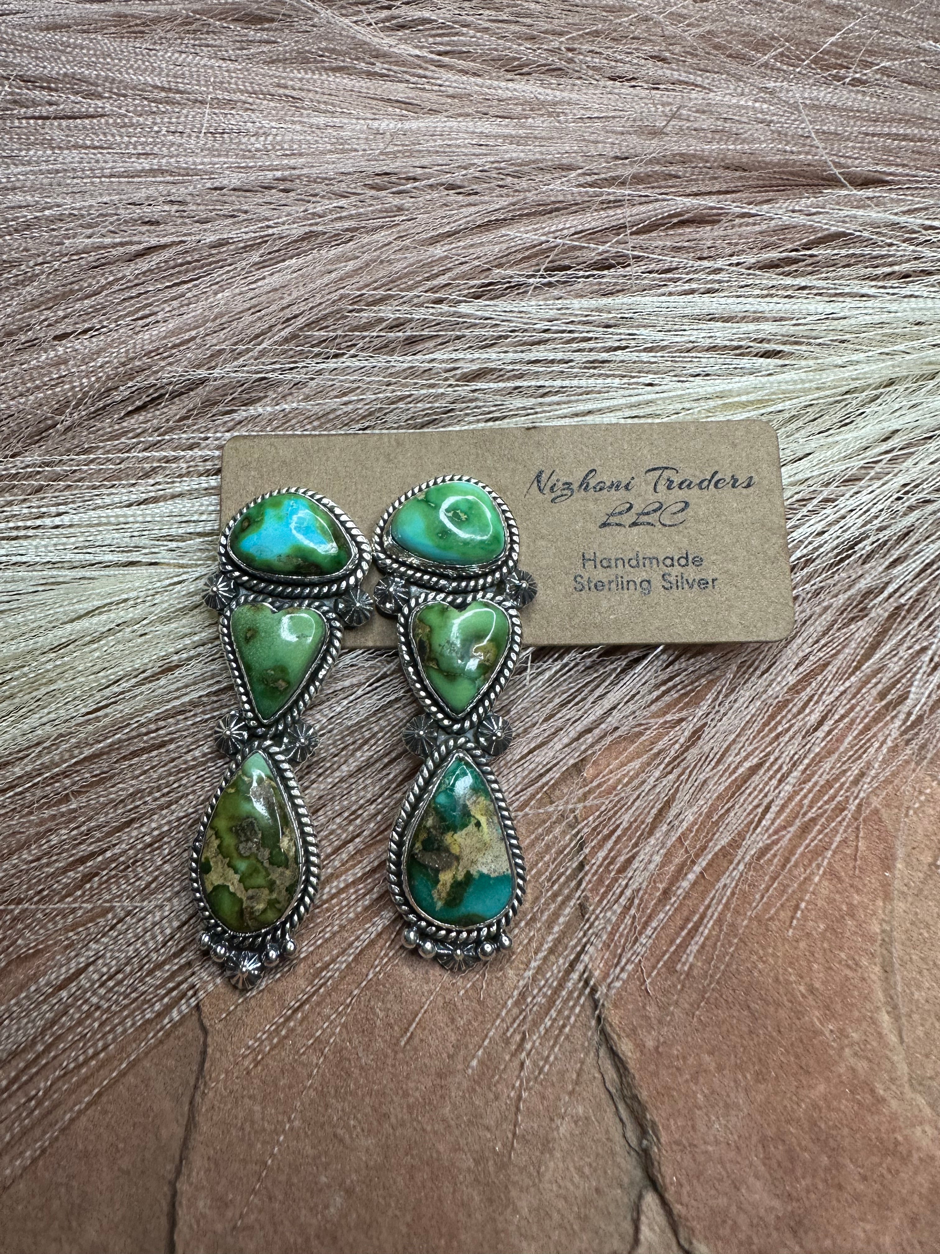 Handmade Sonoran Turquoise and Sterling Silver 3 Stone Post Earrings