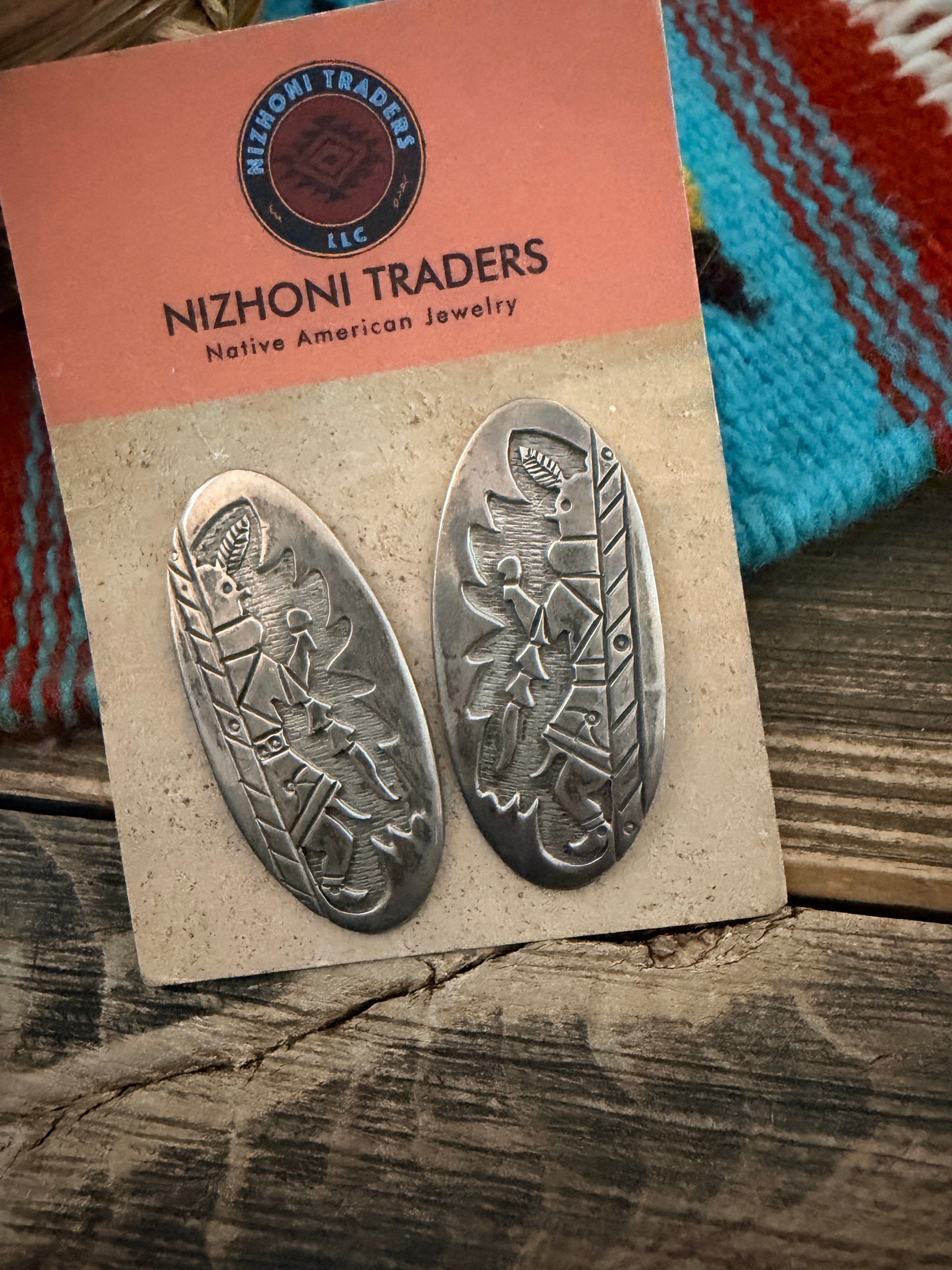 Handcrafted Old Pawn Sterling Silver Yei Dangle Earrings