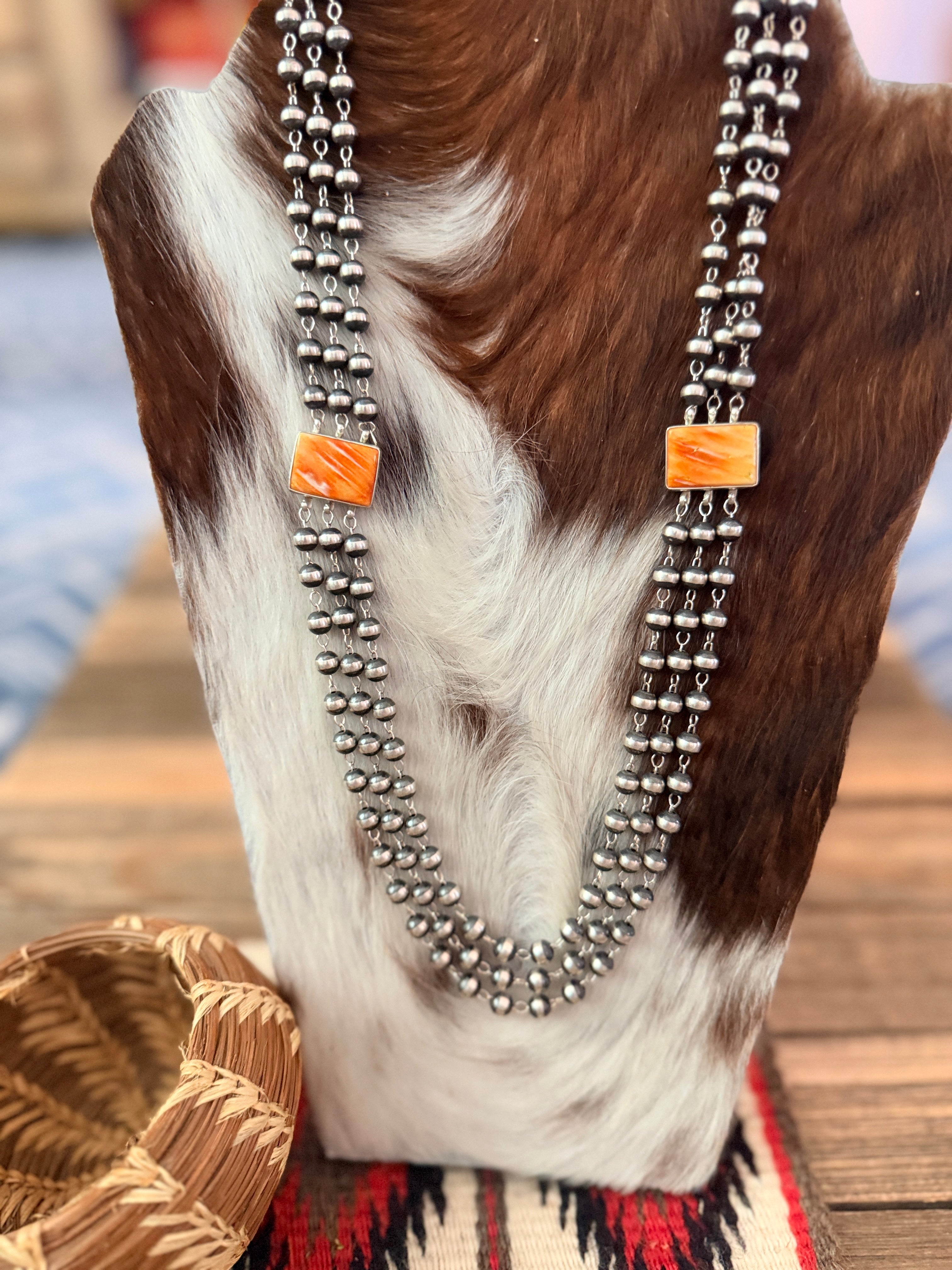 Handcrafted Spiny Oyster & Sterling Silver Pearl Triple-Strand Beaded Necklace