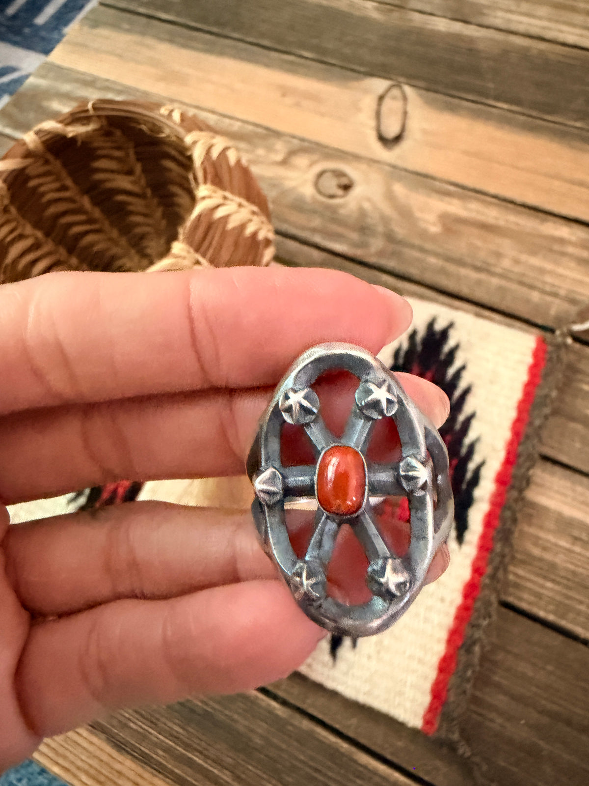 Handcrafted Coral and Sterling Silver Ring size 12 by Chimney Butte