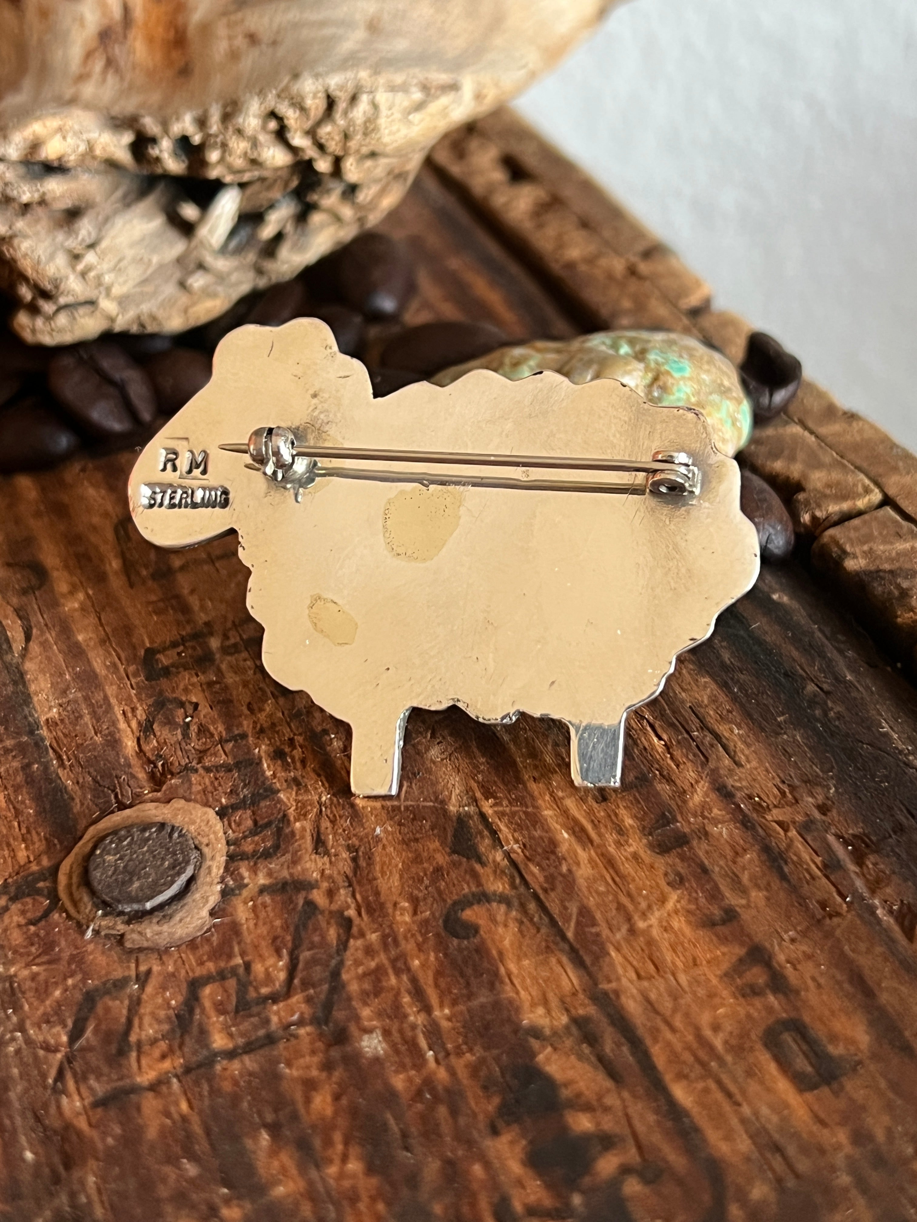 Hand Stamped Sterling Silver and Turquoise Sheep Brooch by Robby Manuelito