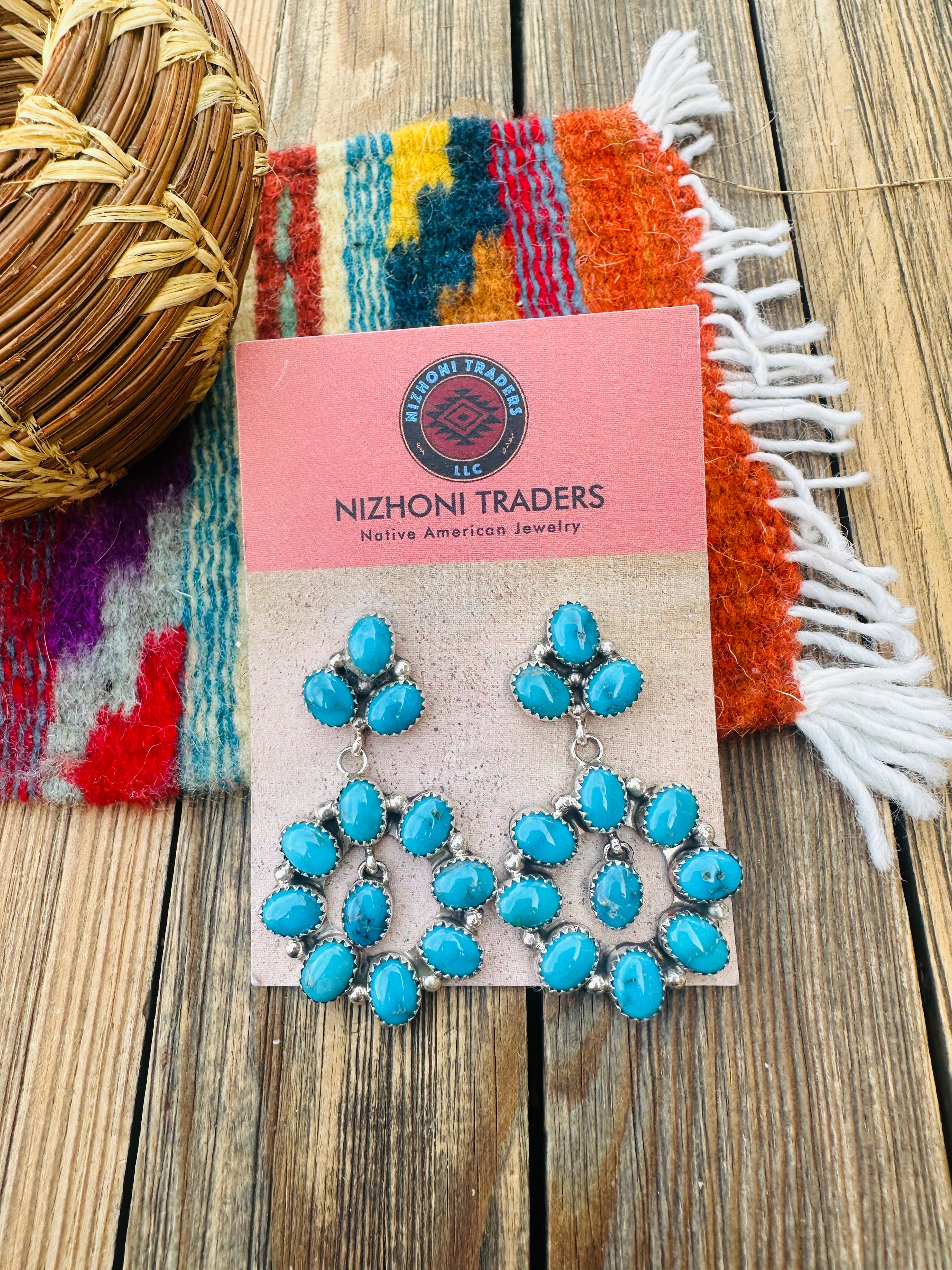 Handcrafted Blue Ridge Turquoise & Sterling Silver Cluster Dangle Earrings