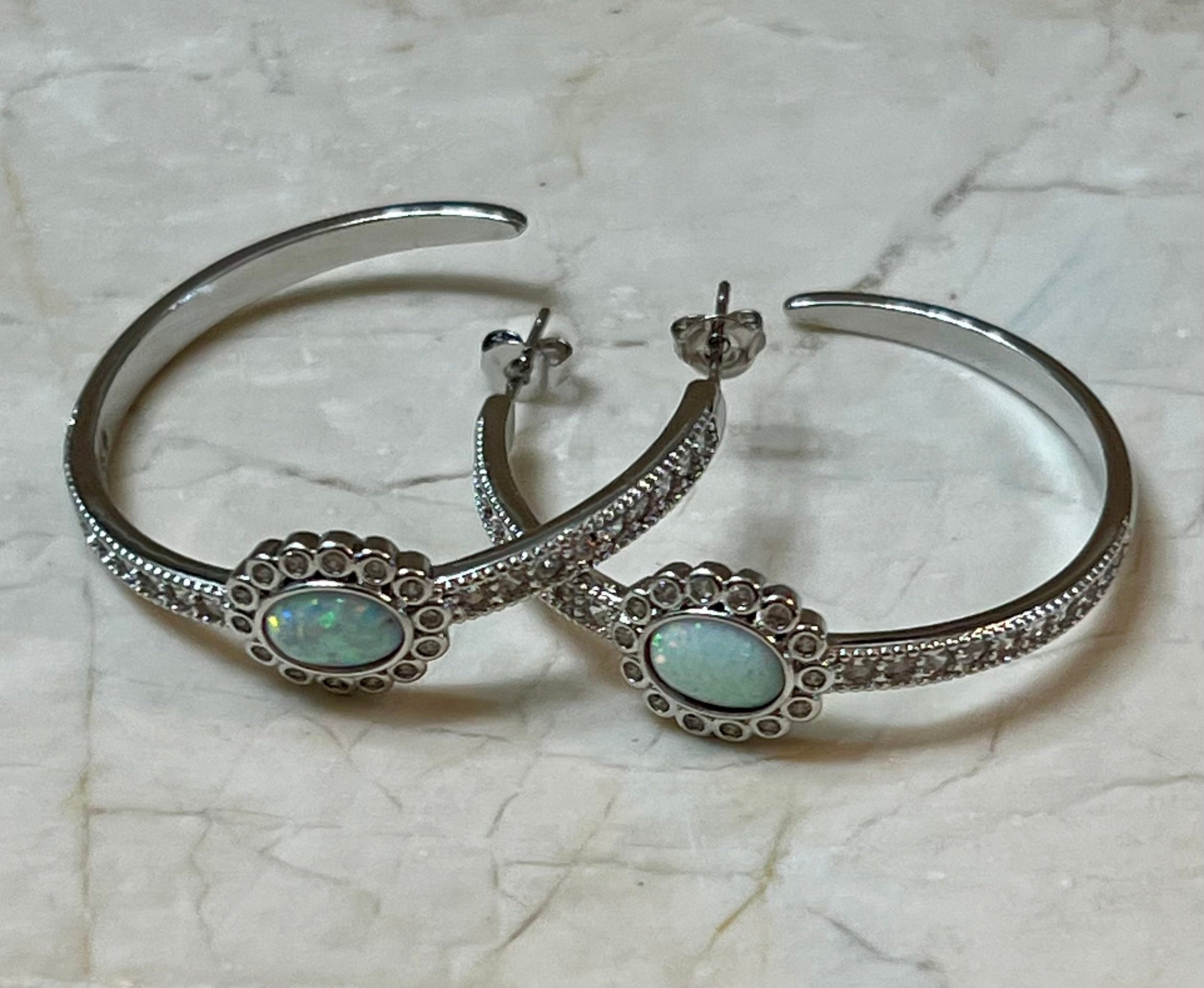 Carina CZ Studded Opal Hoop Earrings Silver
