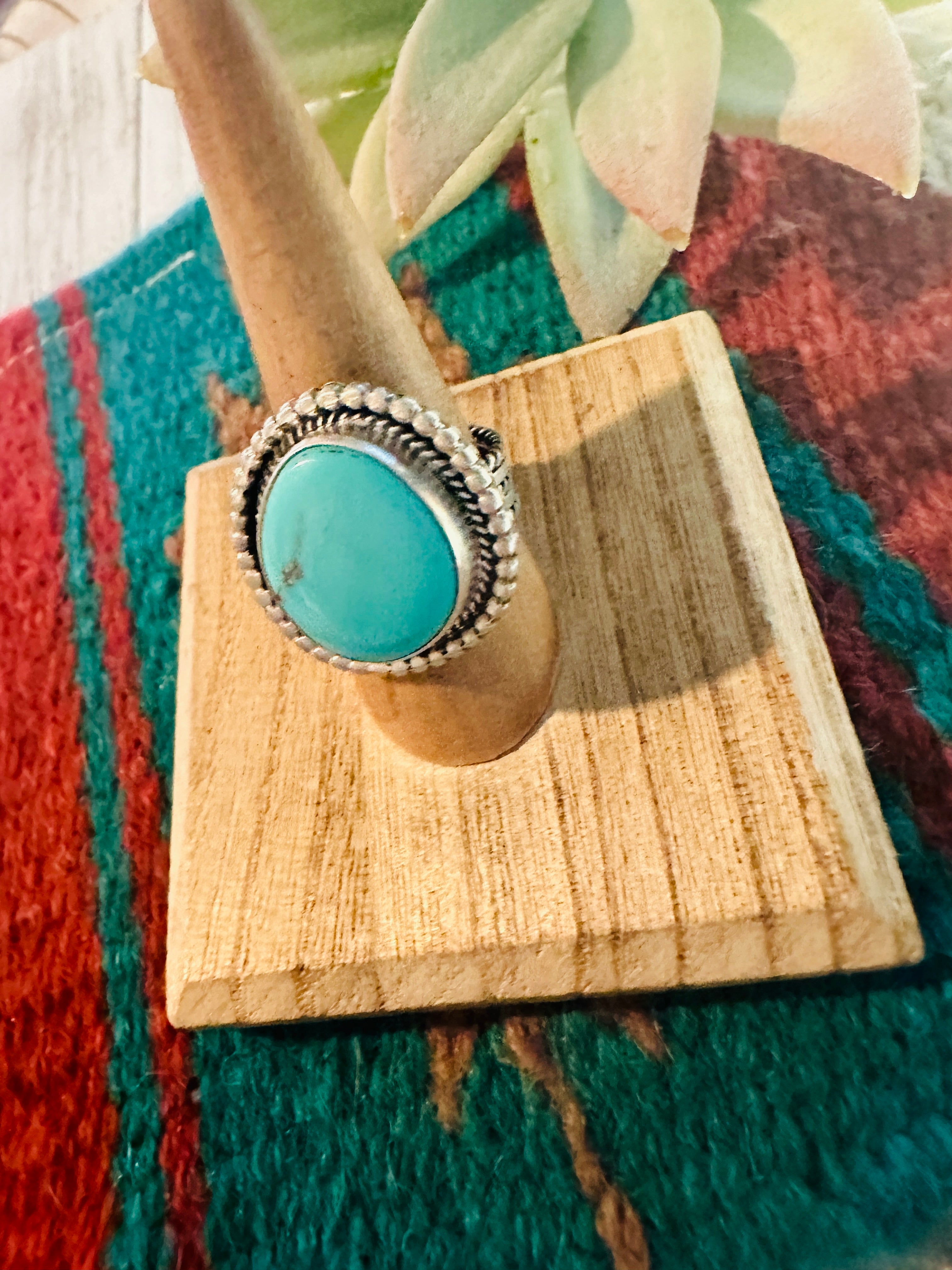 Navajo Morenci Turquoise & Sterling Silver Ring Size 8 Signed