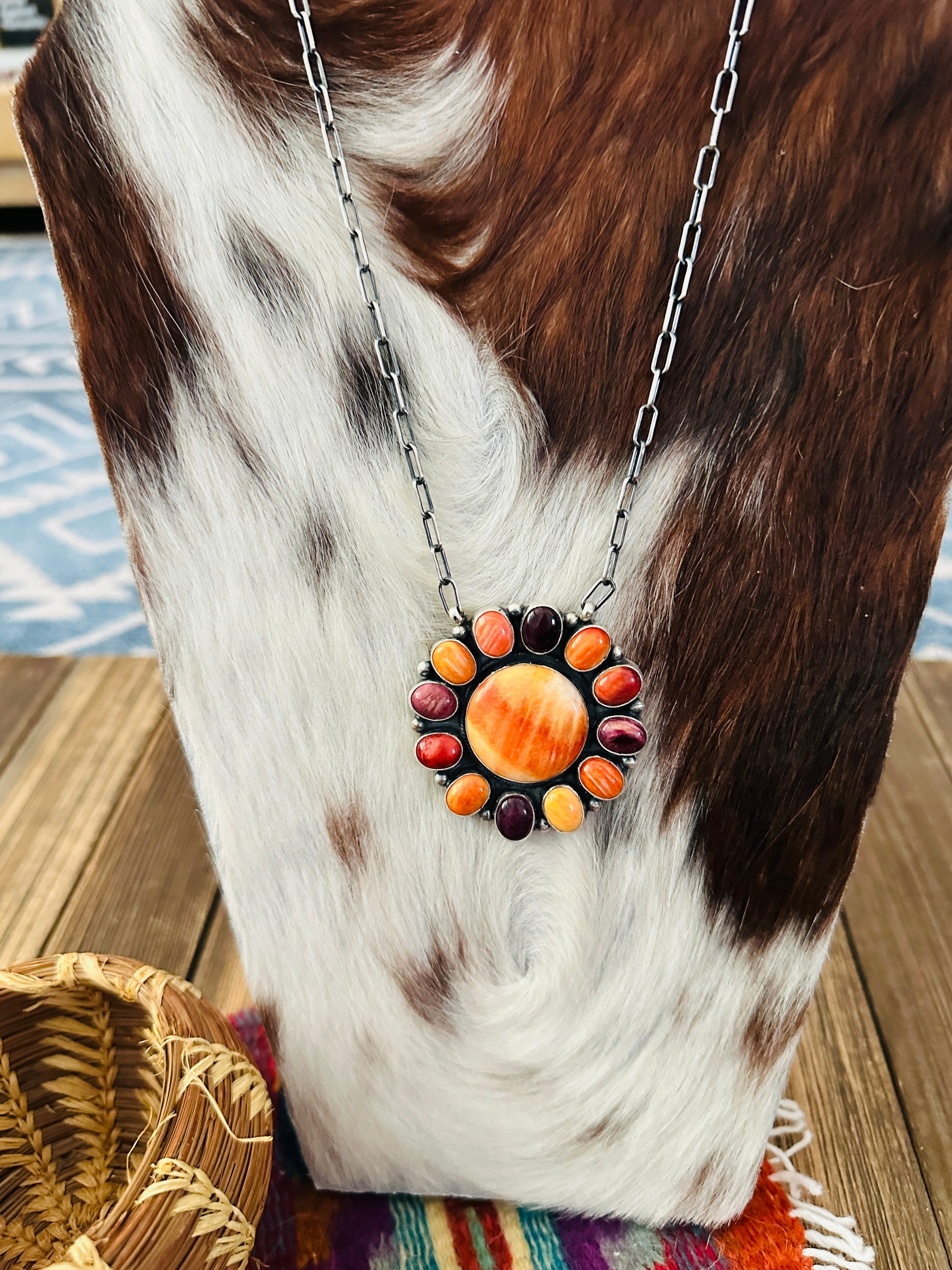 Handcrafted Multicolor Spiny Oyster & Sterling Silver Cluster Necklace by Sheila Becenti