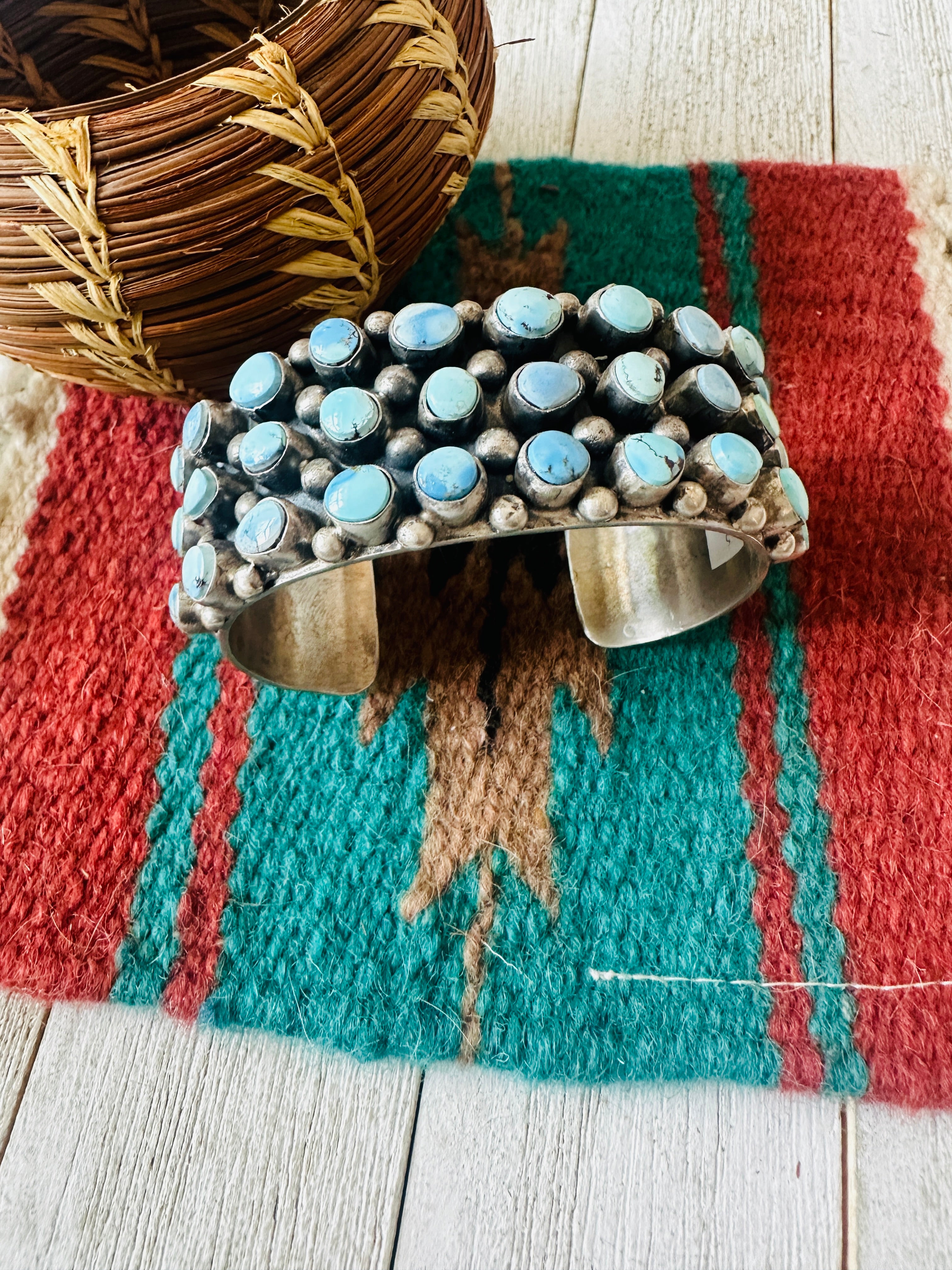 Navajo Sterling Silver & Golden Hills Turquoise Cluster Cuff Bracelet