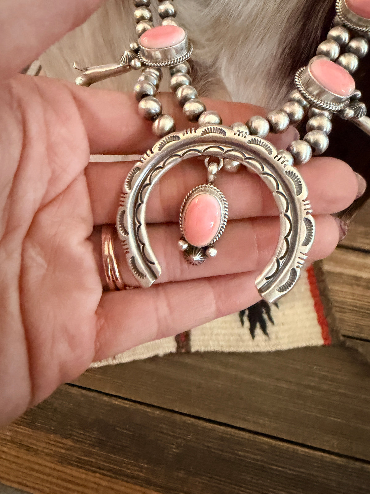 Handcrafted Queen Pink Conch & Sterling Silver Beaded Squash Blossom Necklace Set by Melvin Francis