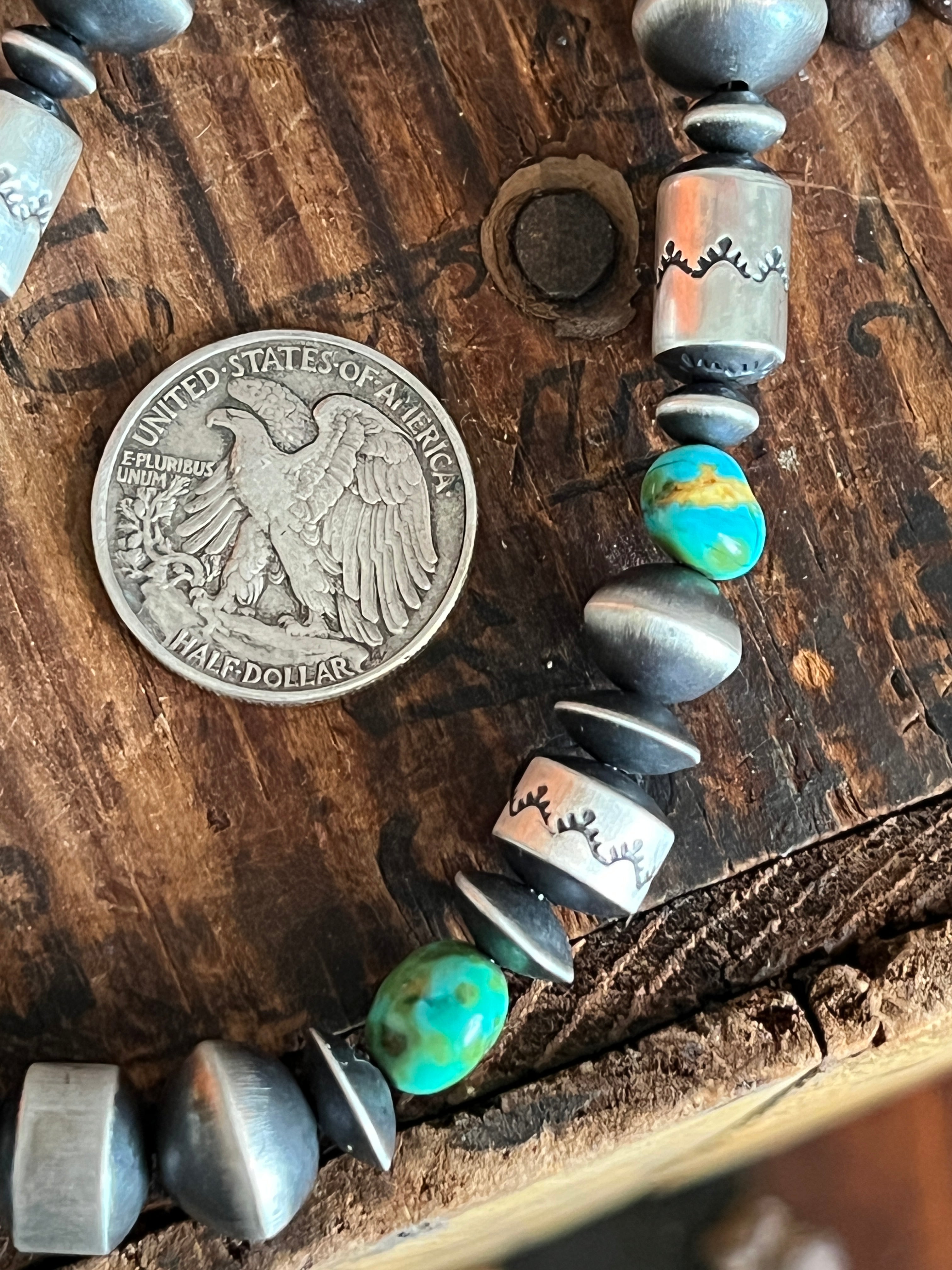 Handcrafted Sterling Silver and Sonoran Mountain Turquoise and Beaded Necklace by Rose Martin, 24 + 1 Inches