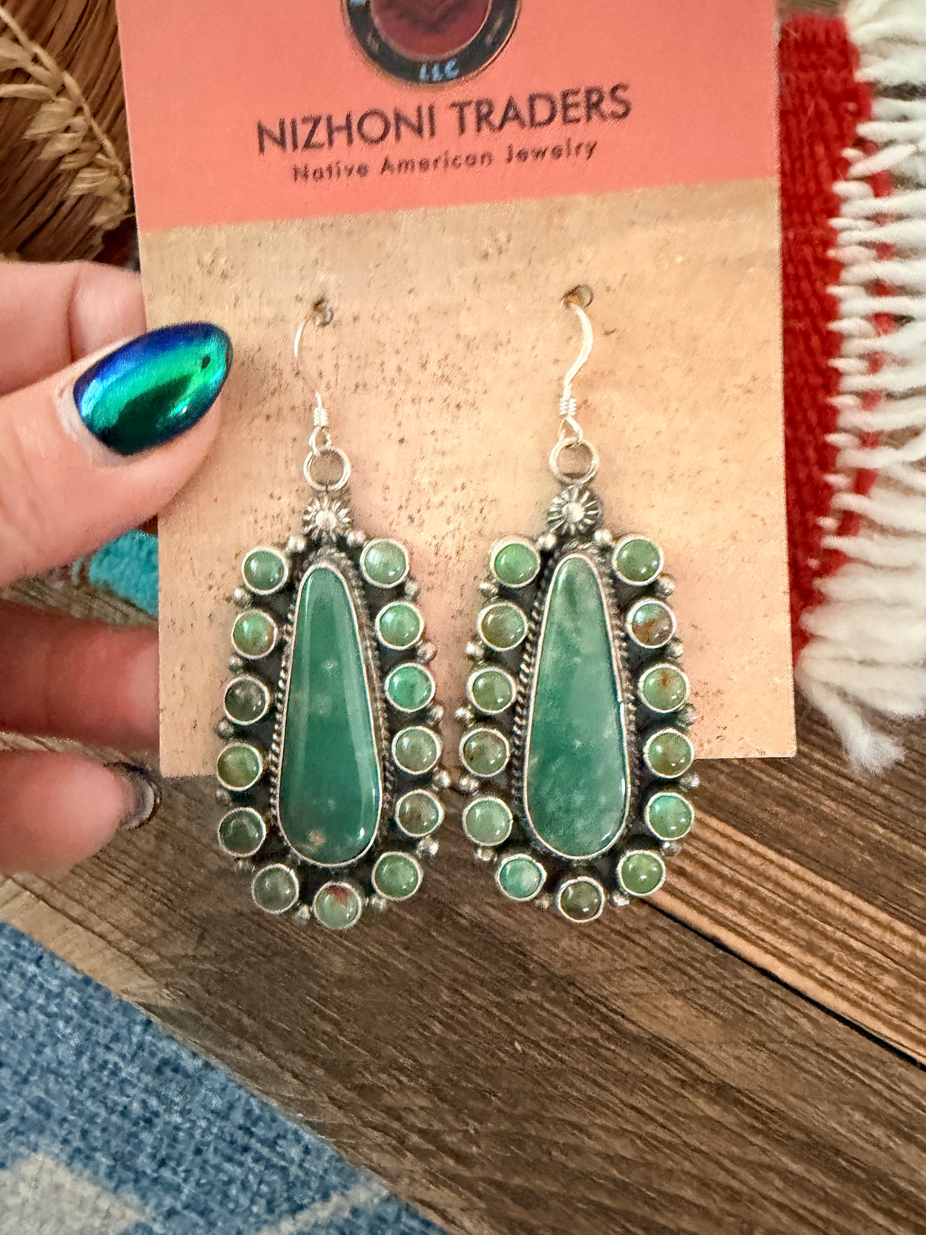 Handcrafted Green Turquoise & Sterling Silver Cluster Dangle Earrings