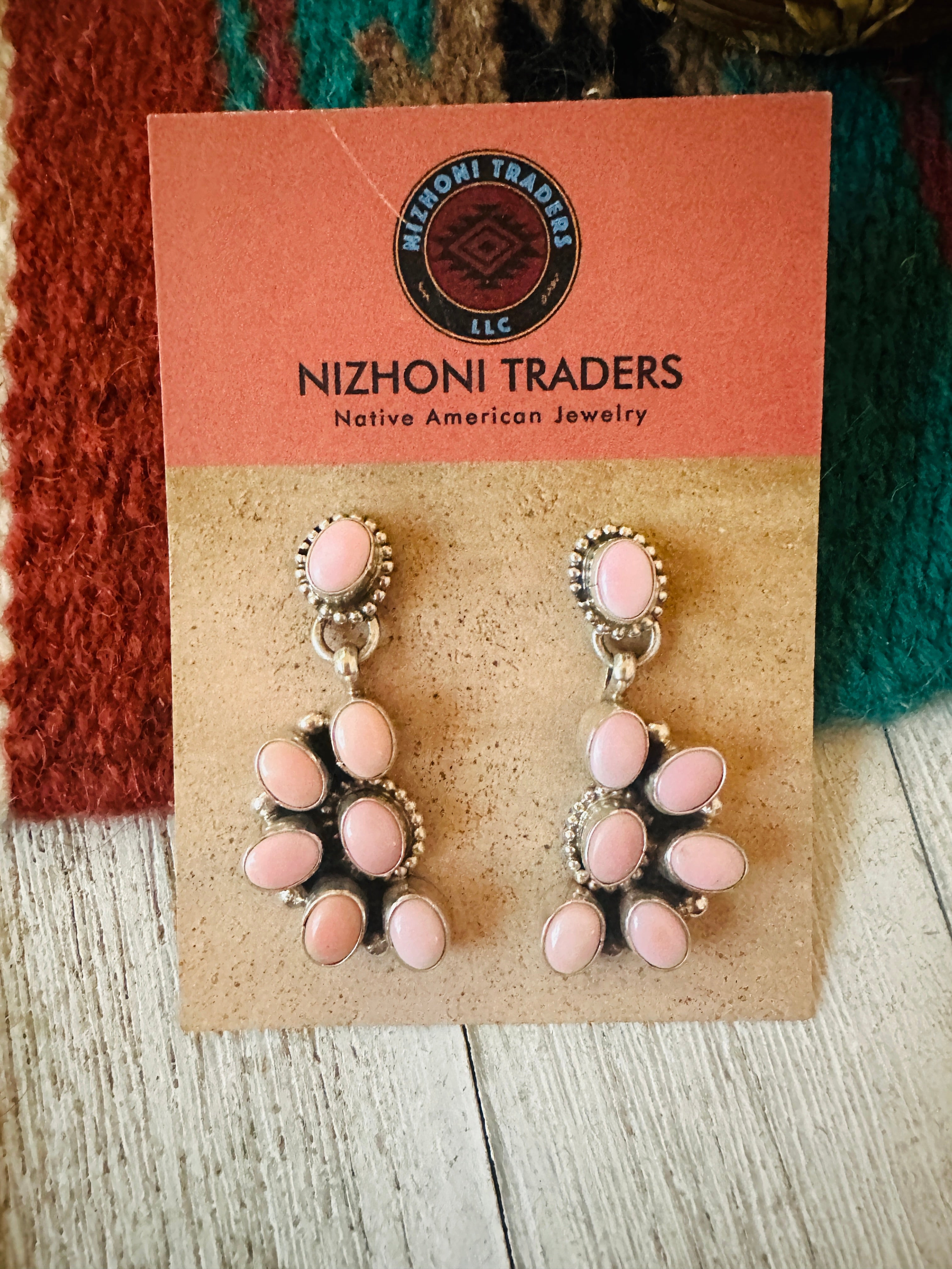 Navajo Sterling Silver & Queen Pink Conch Cluster Dangle Earrings