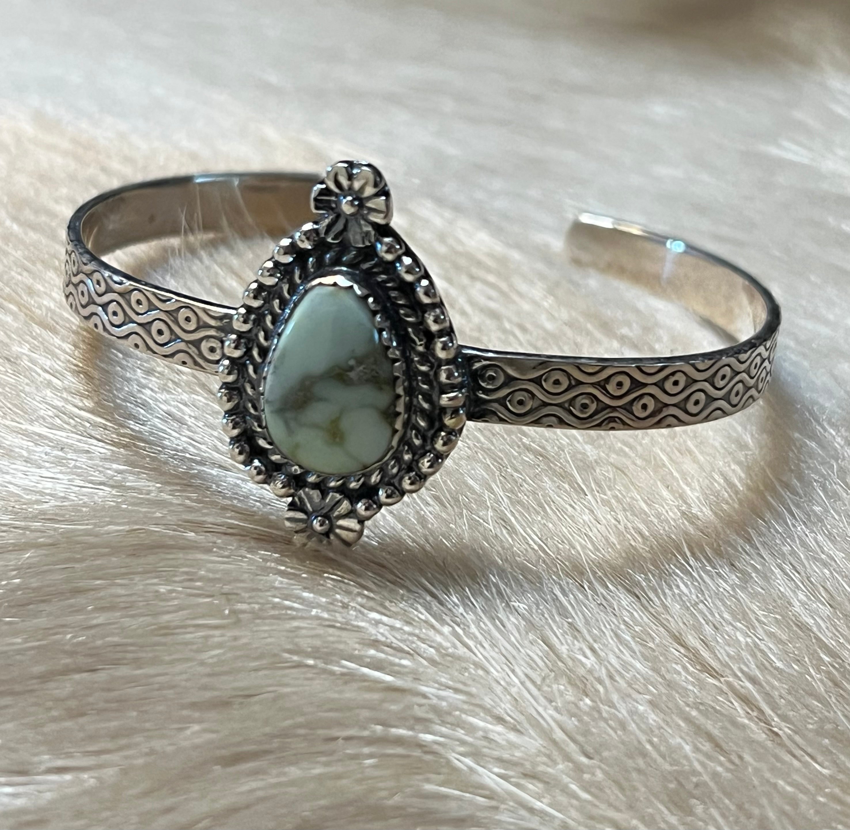 Handmade Etched Sterling Silver Palomino Turquoise Tear Drop Handcuff Bracelet