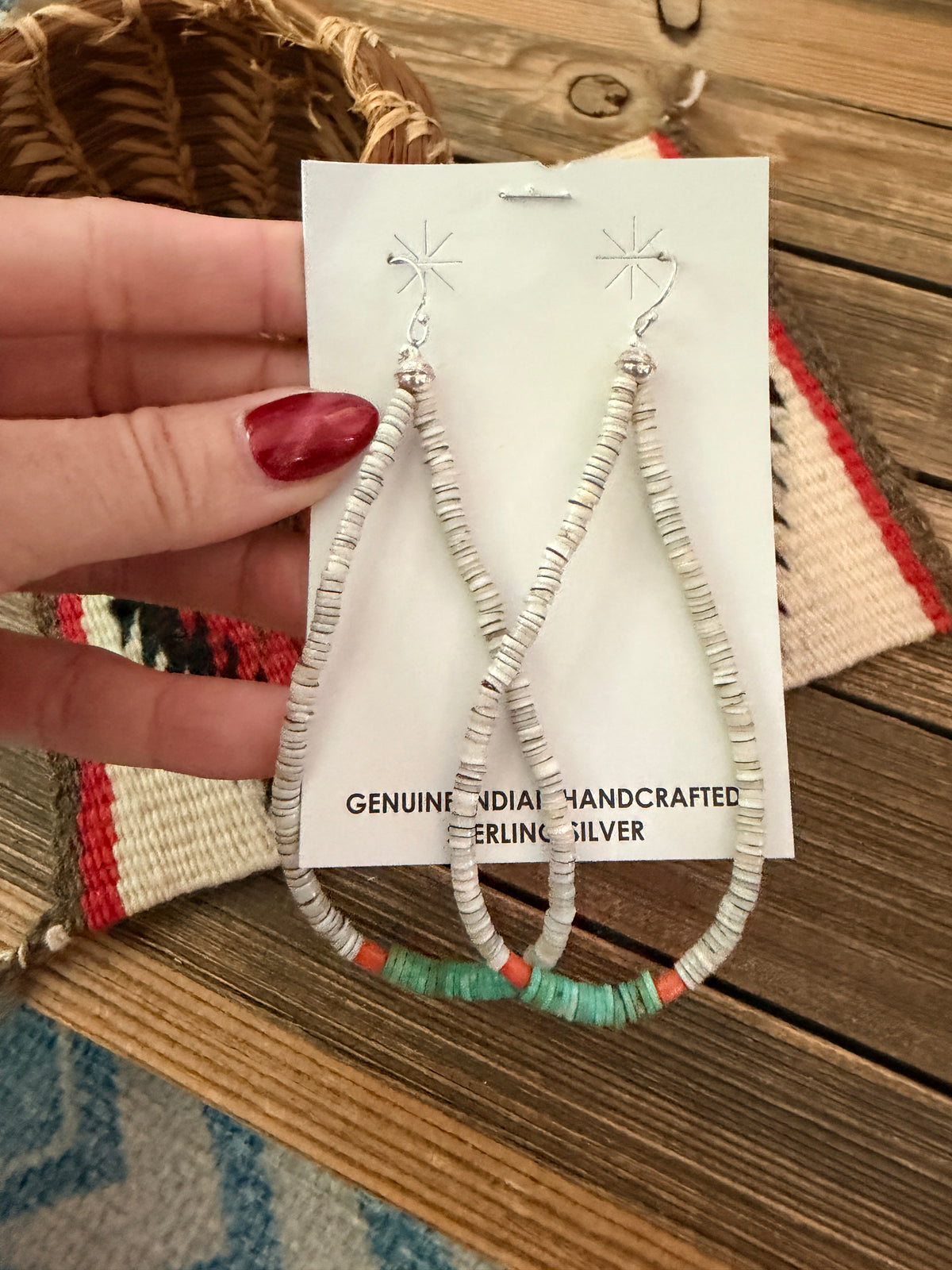 Handcrafted Heishi Shell, Turquoise & Spiny Beaded Dangle Hoop Earrings