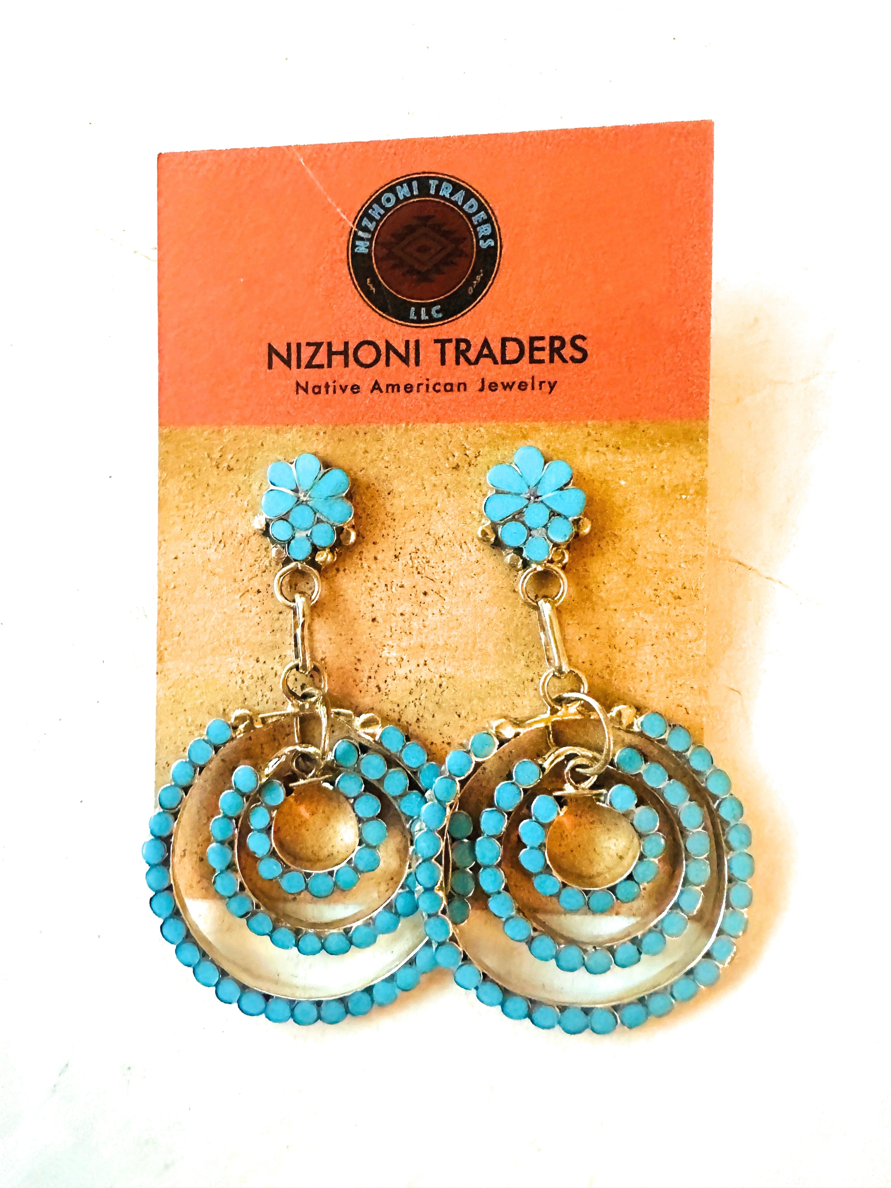 Zuni Sterling Silver & Turquoise Inlay Dangle Earrings