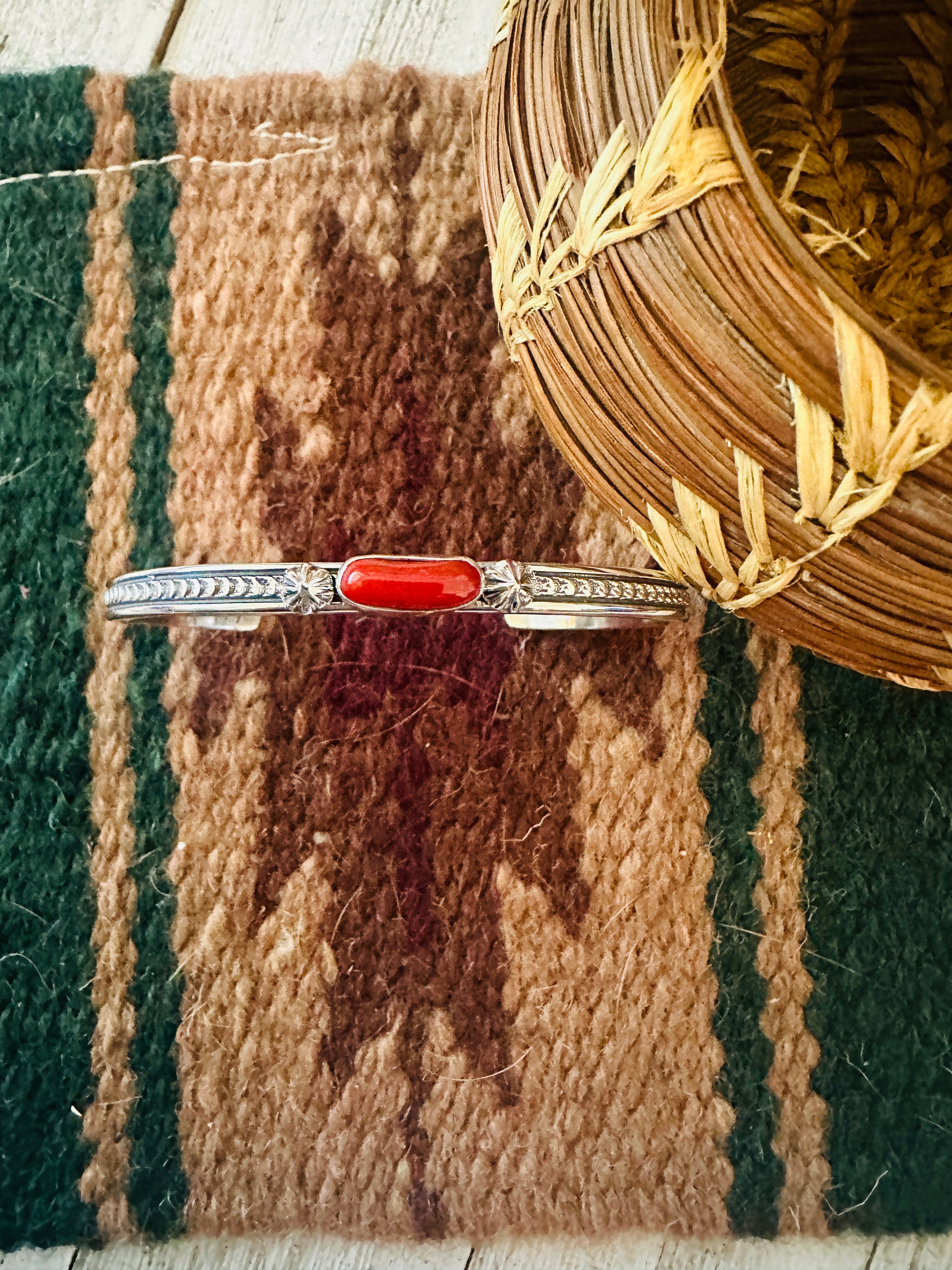 Navajo Coral & Sterling Silver Cuff Bracelet