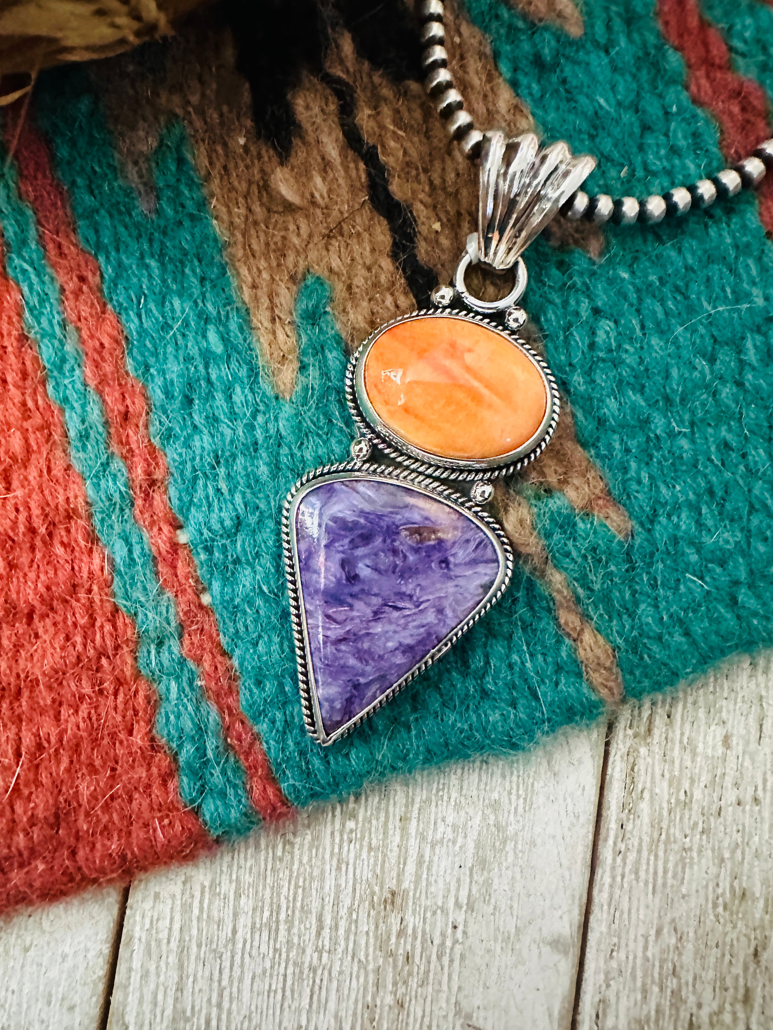 Handcrafted Sterling Silver, Spiny & Charoite Pendant