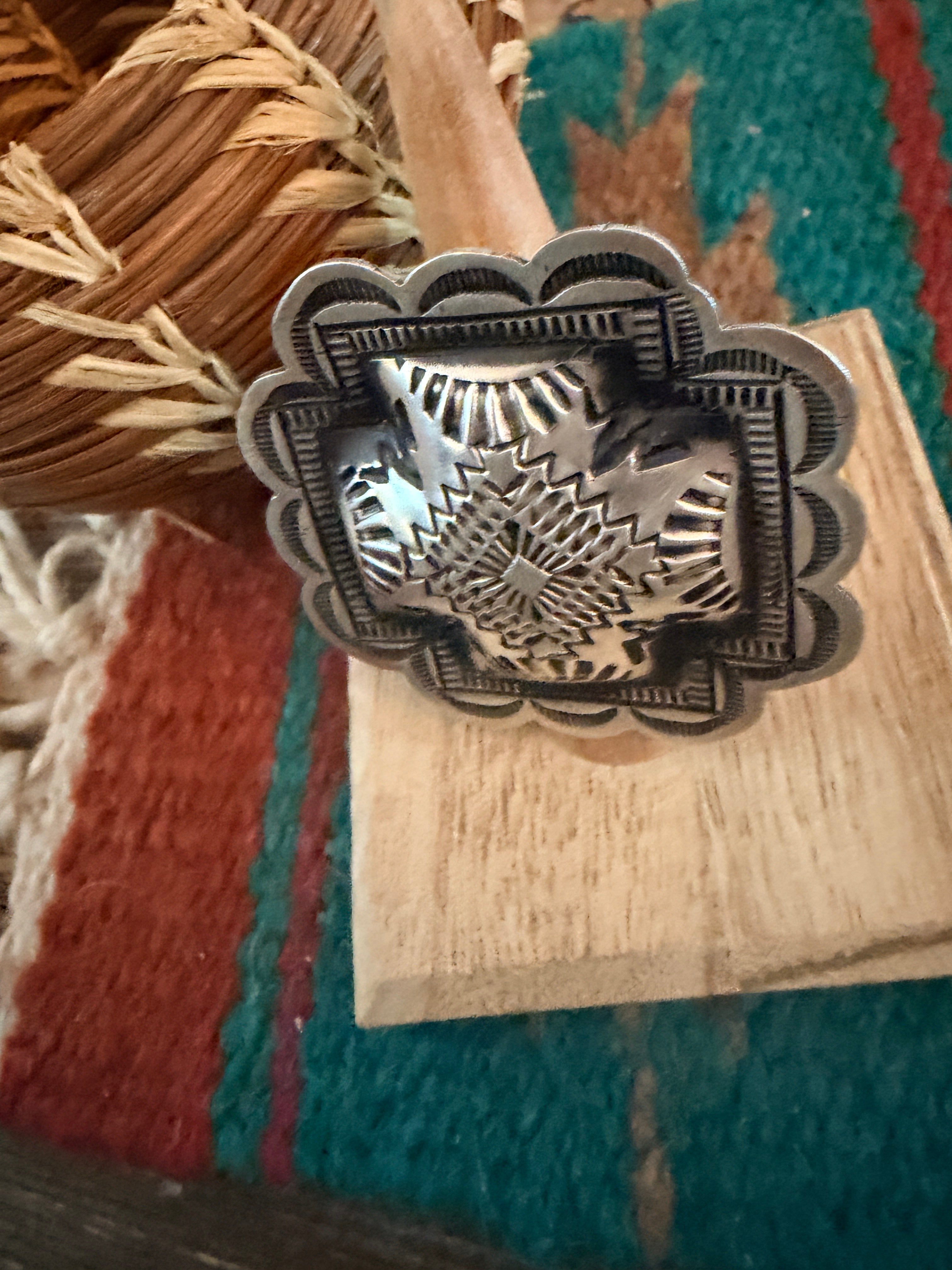 Handcrafted Sterling Silver Adjustable Cross Concho Ring by Leander Tahe
