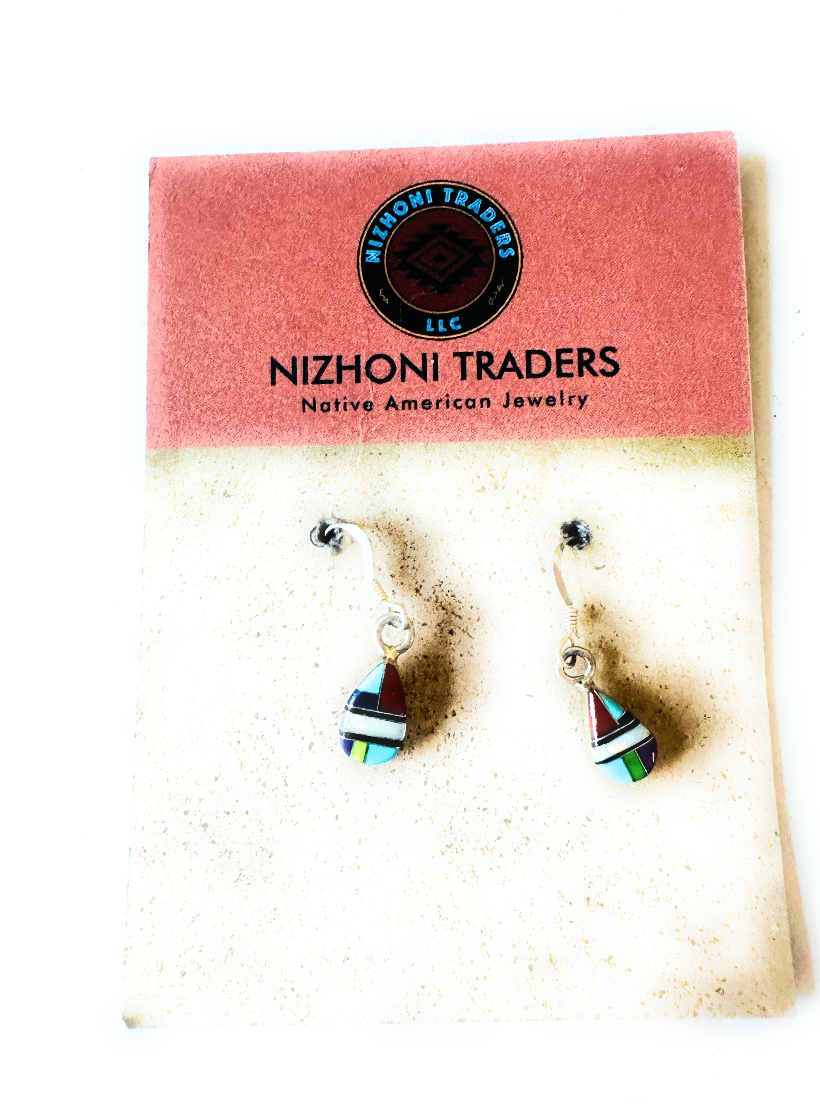 Navajo Sterling Silver & Multi Stone Teardrop Dangle Earrings