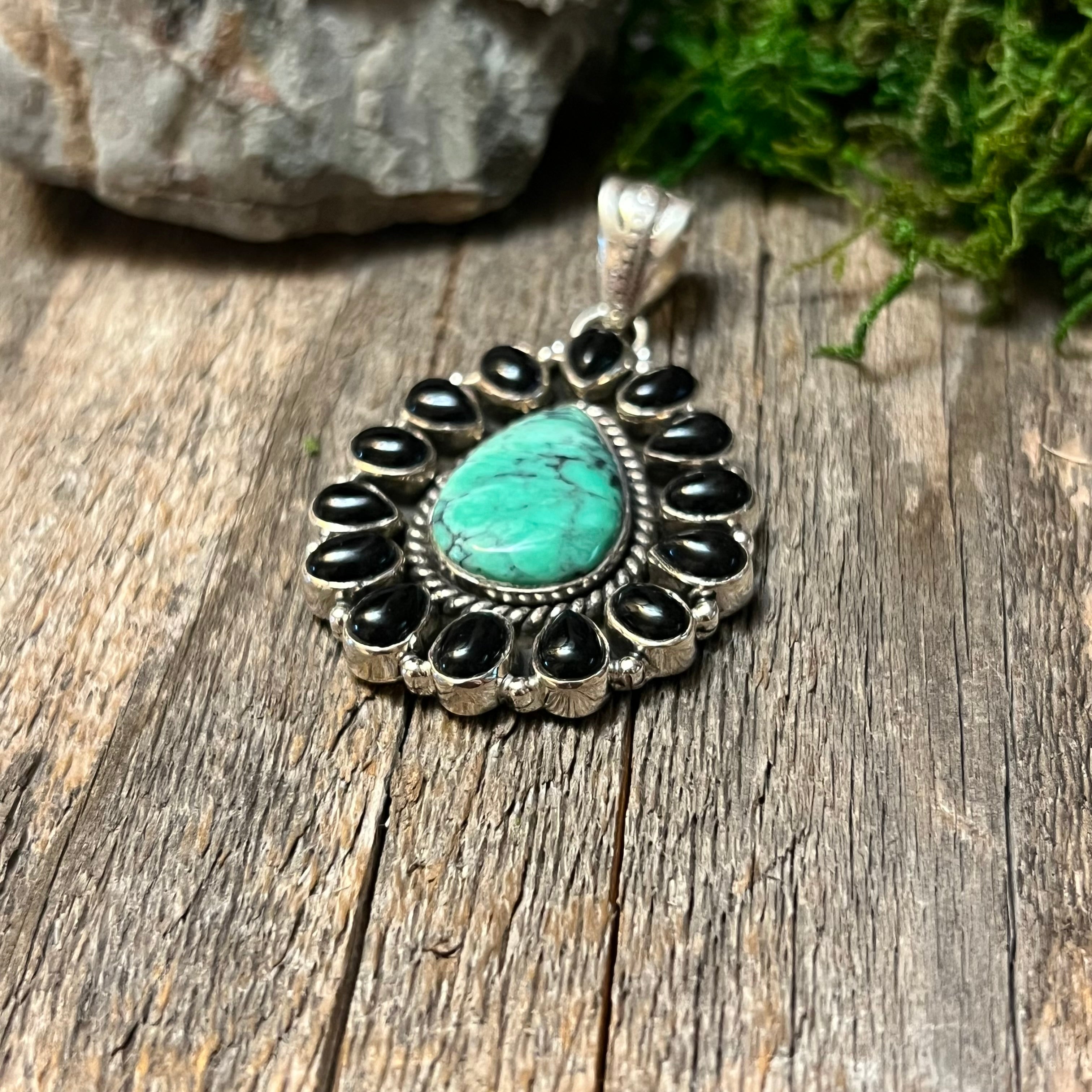 Handmade Black Onyx & Turquoise Tear Drop Sterling Silver Pendant