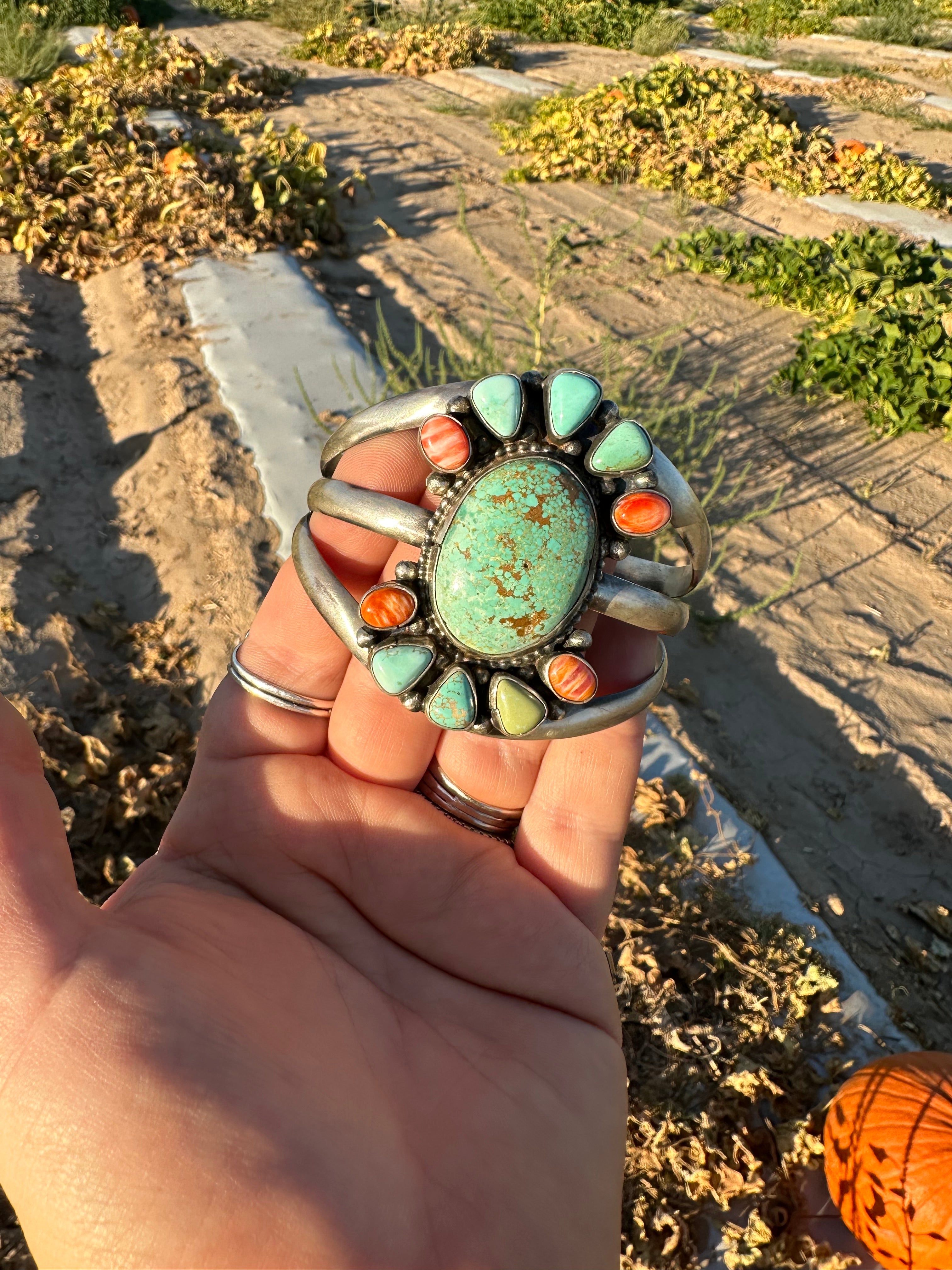 Navajo Turquoise & Spiny Sterling Silver Bracelet Cuff Signed Sheila