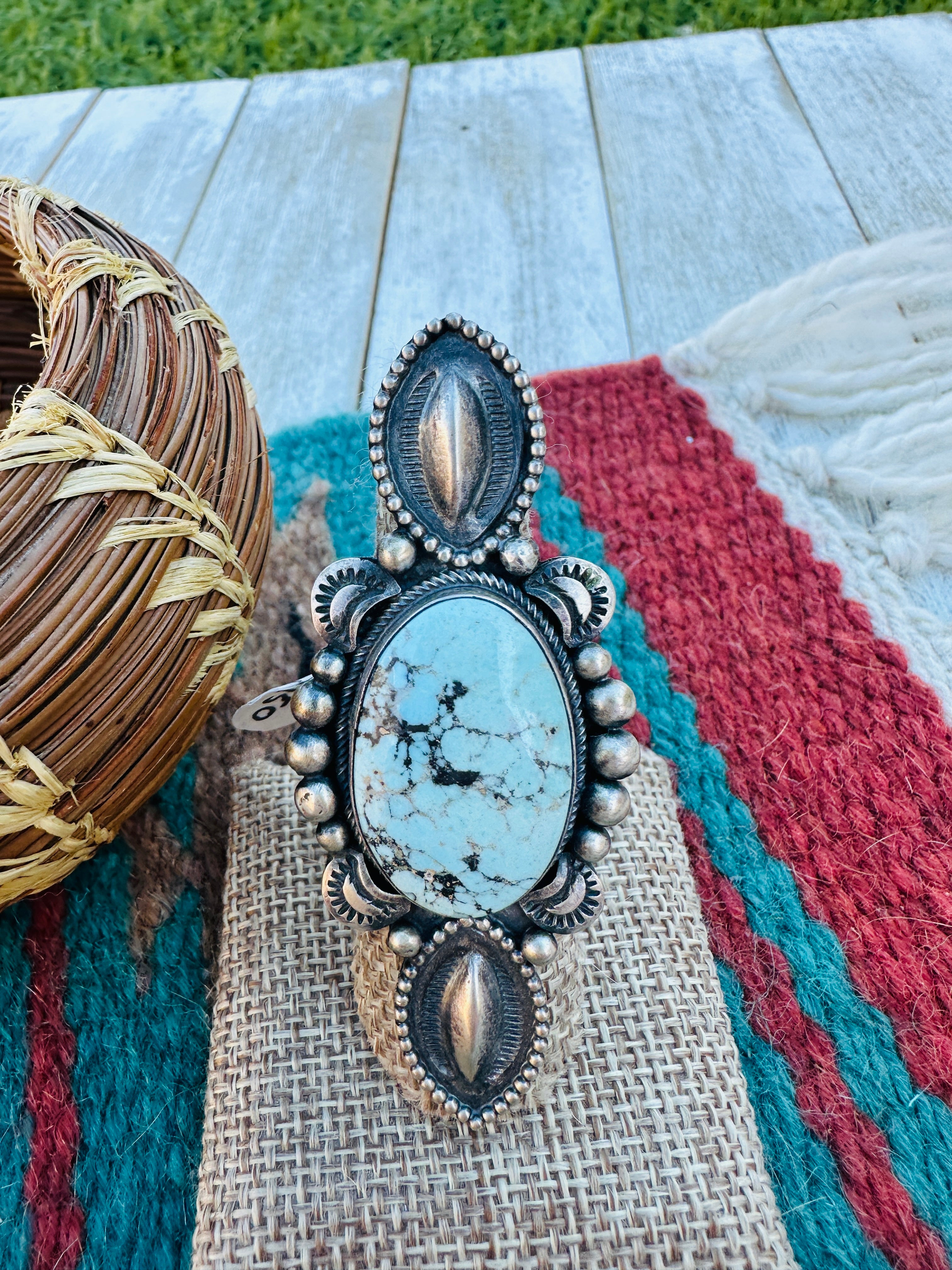 Handcrafted Golden Hills Turquoise & Sterling Silver Ring Size 7.5 by Delvin John