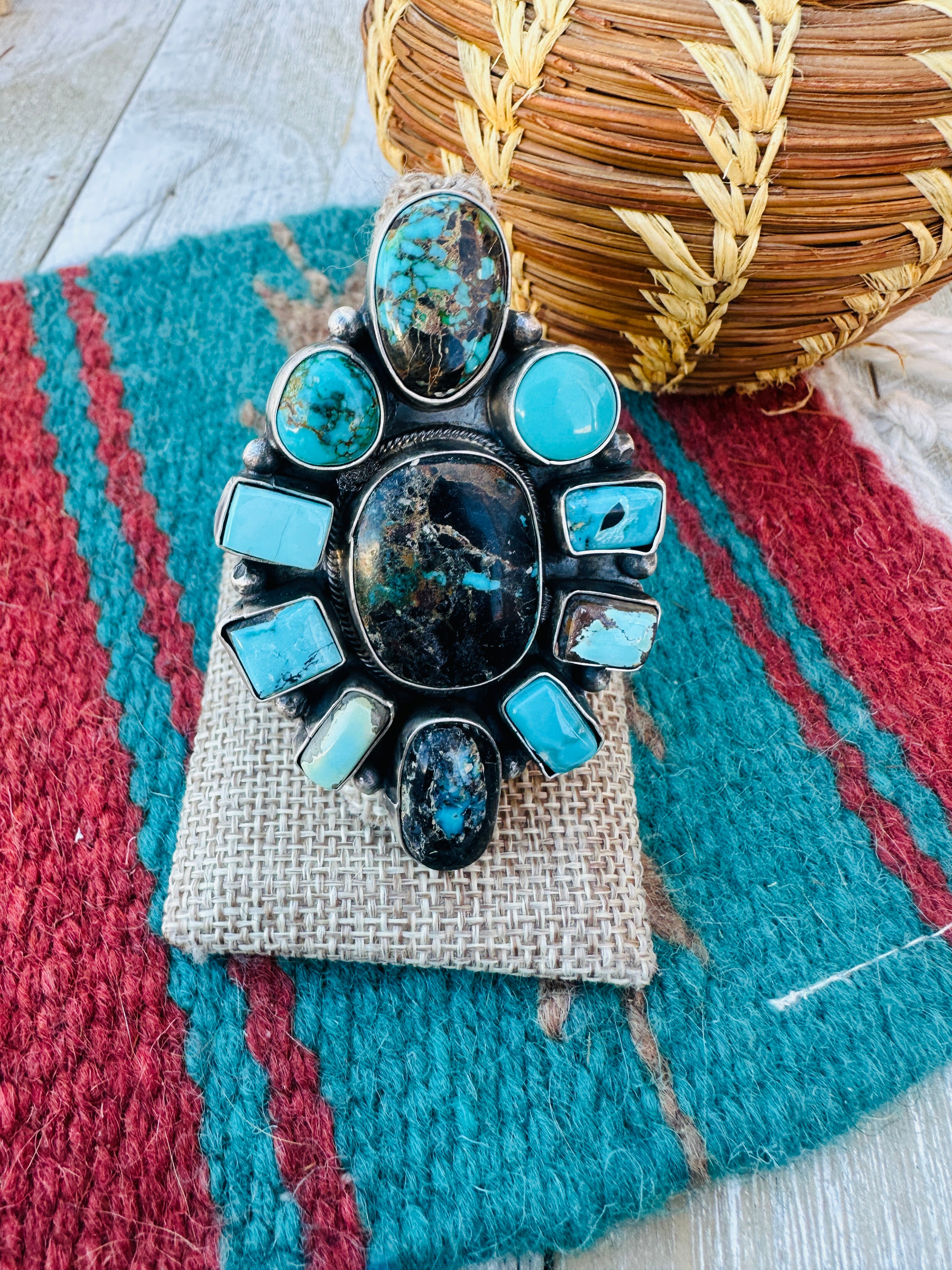 Hand Crafted Multi Turquoise & Sterling Silver Cluster Ring Size 10.5 by Ella Peter