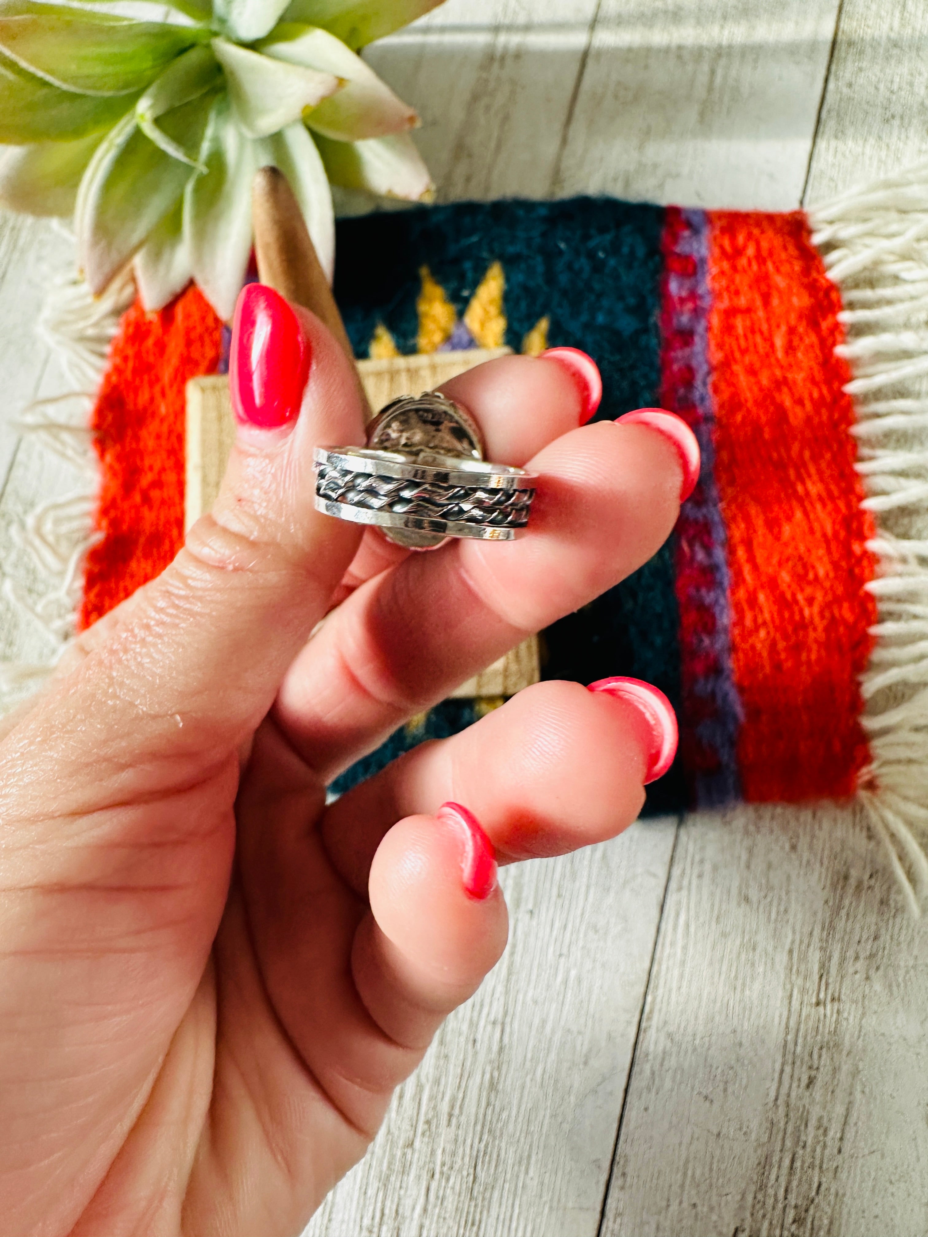 Navajo Turquoise & Sterling Silver Shadowbox Ring Size 7