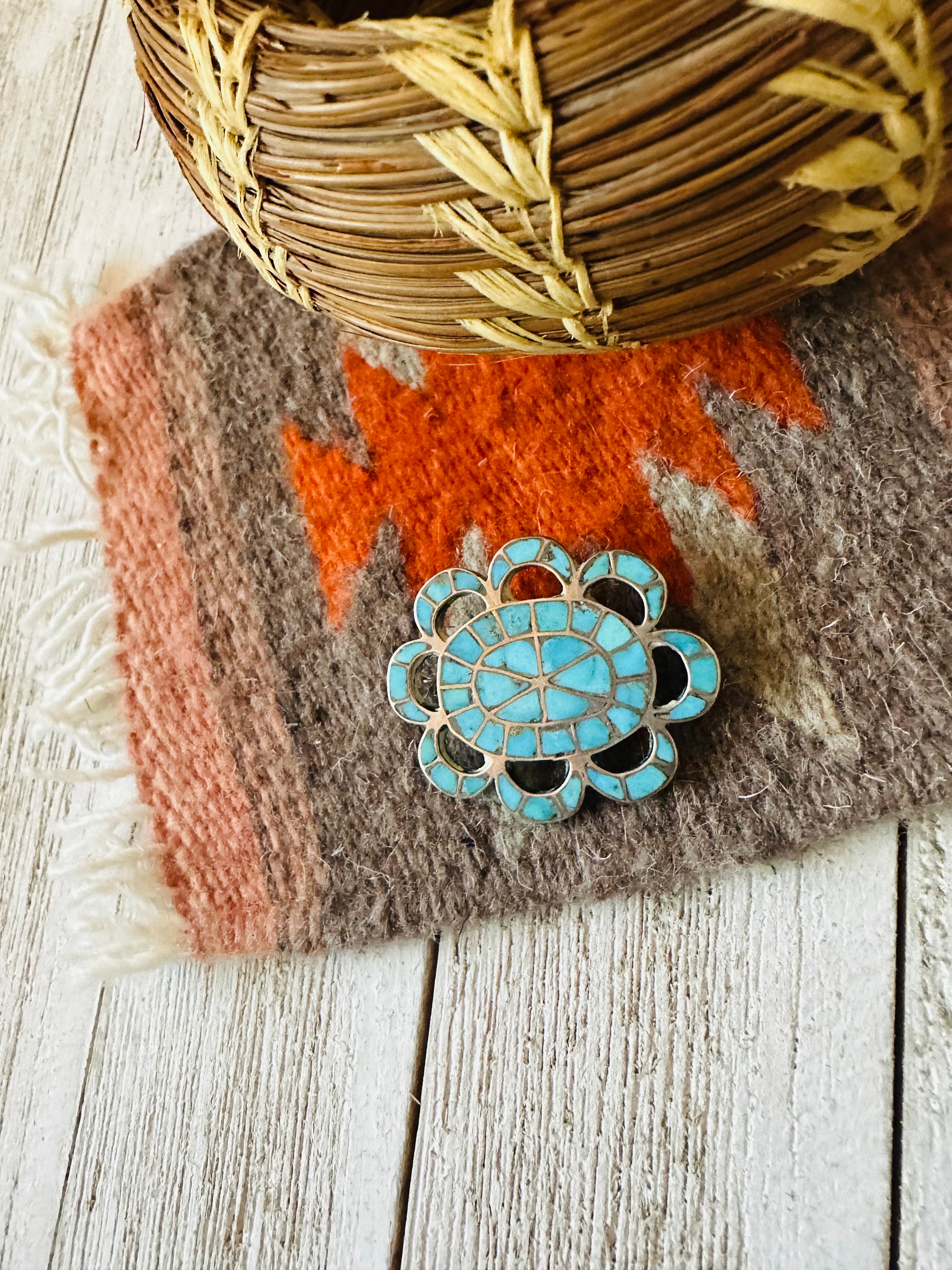 Vintage Zuni Turquoise & Sterling Silver Inlay Brooch