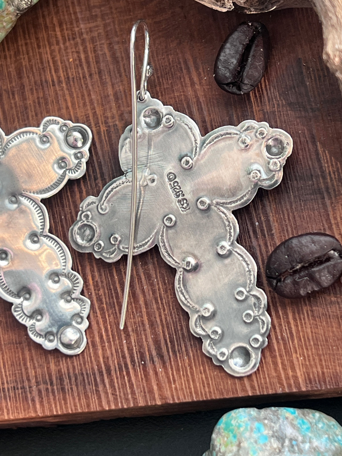Hand Stamped Cloud Design Sterling Silver Cross Dangle Earrings with Kingman Turquoise by Kimari Somers