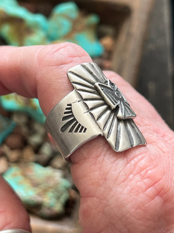 Falcon Trading Company Ingot Sterling Silver Thunderbird Ring by Joe O’Neill, Size 11.5