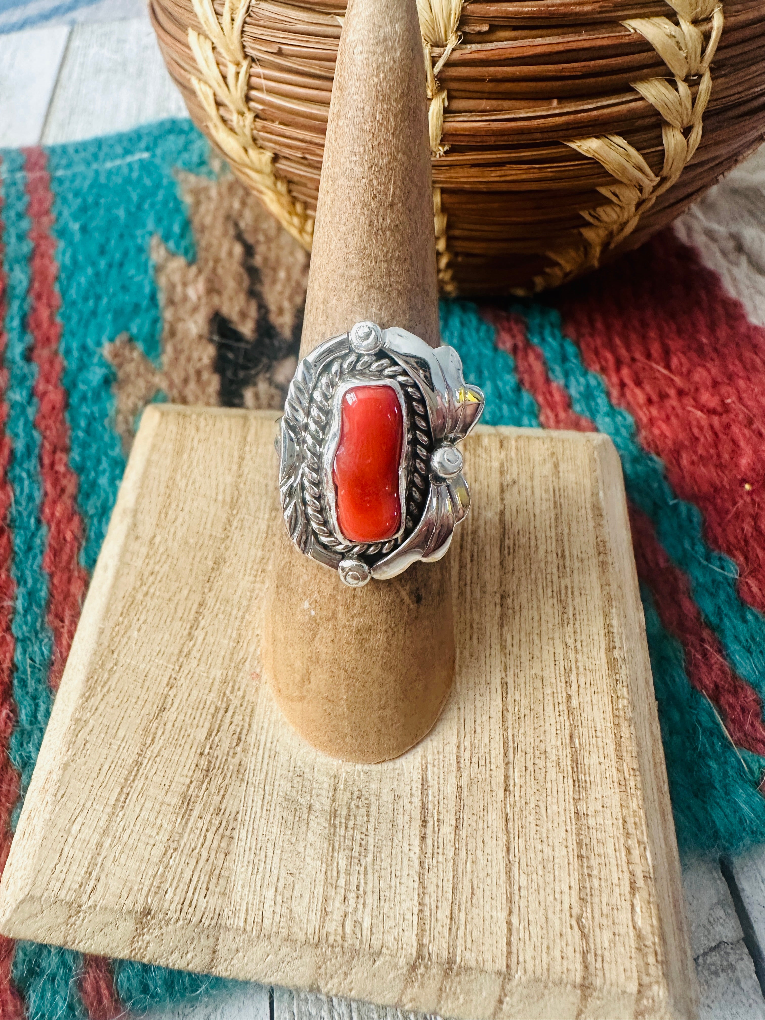 Navajo Coral & Sterling Silver Ring Size 5.5