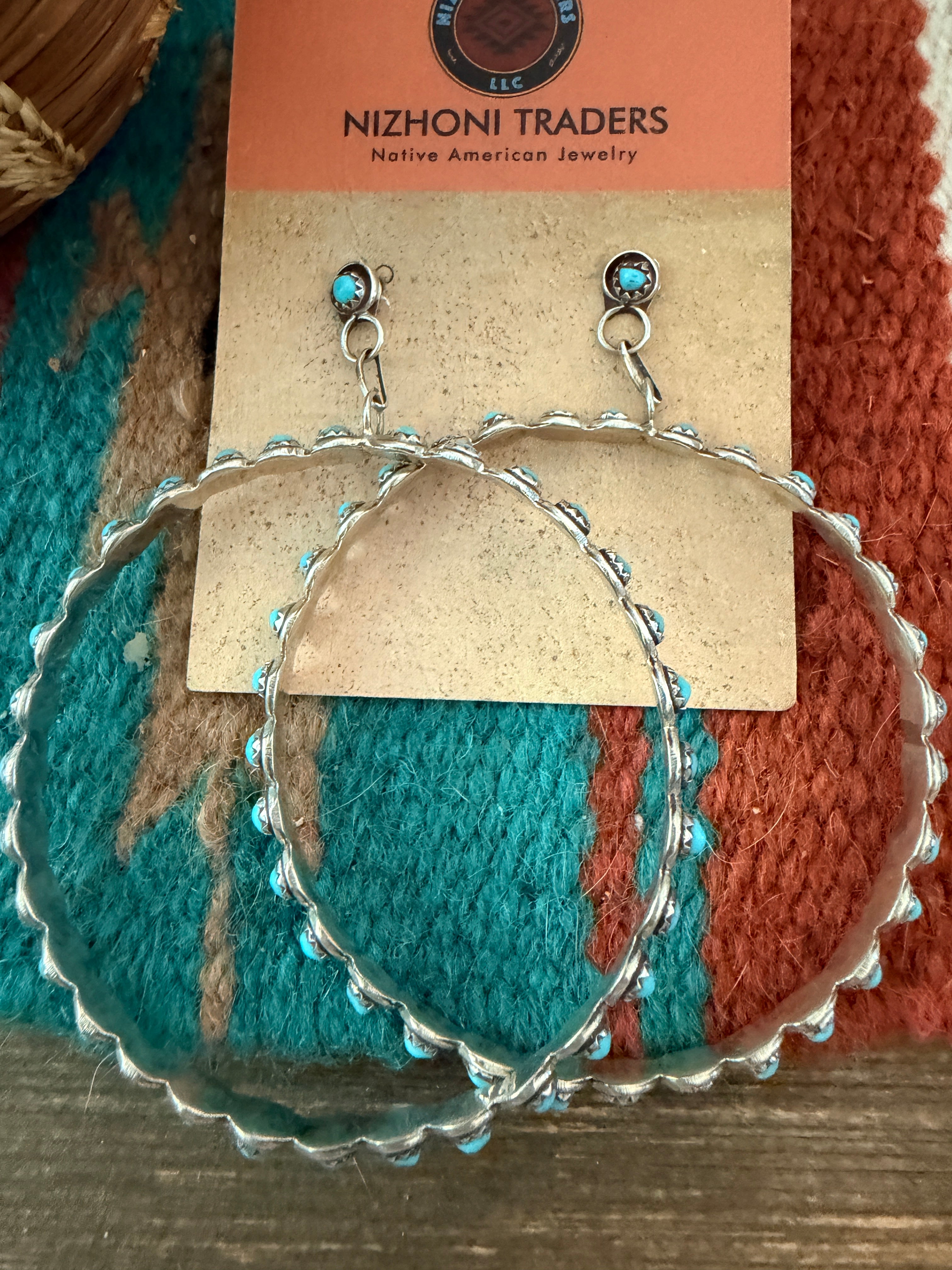 Handcrafted Turquoise & Sterling Silver Snake Eye Dangle Hoop Earrings