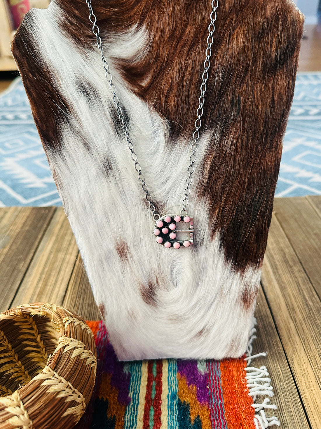 Handcrafted Queen Pink Conch & Sterling Silver Belt Buckle Necklace by Russell Sam