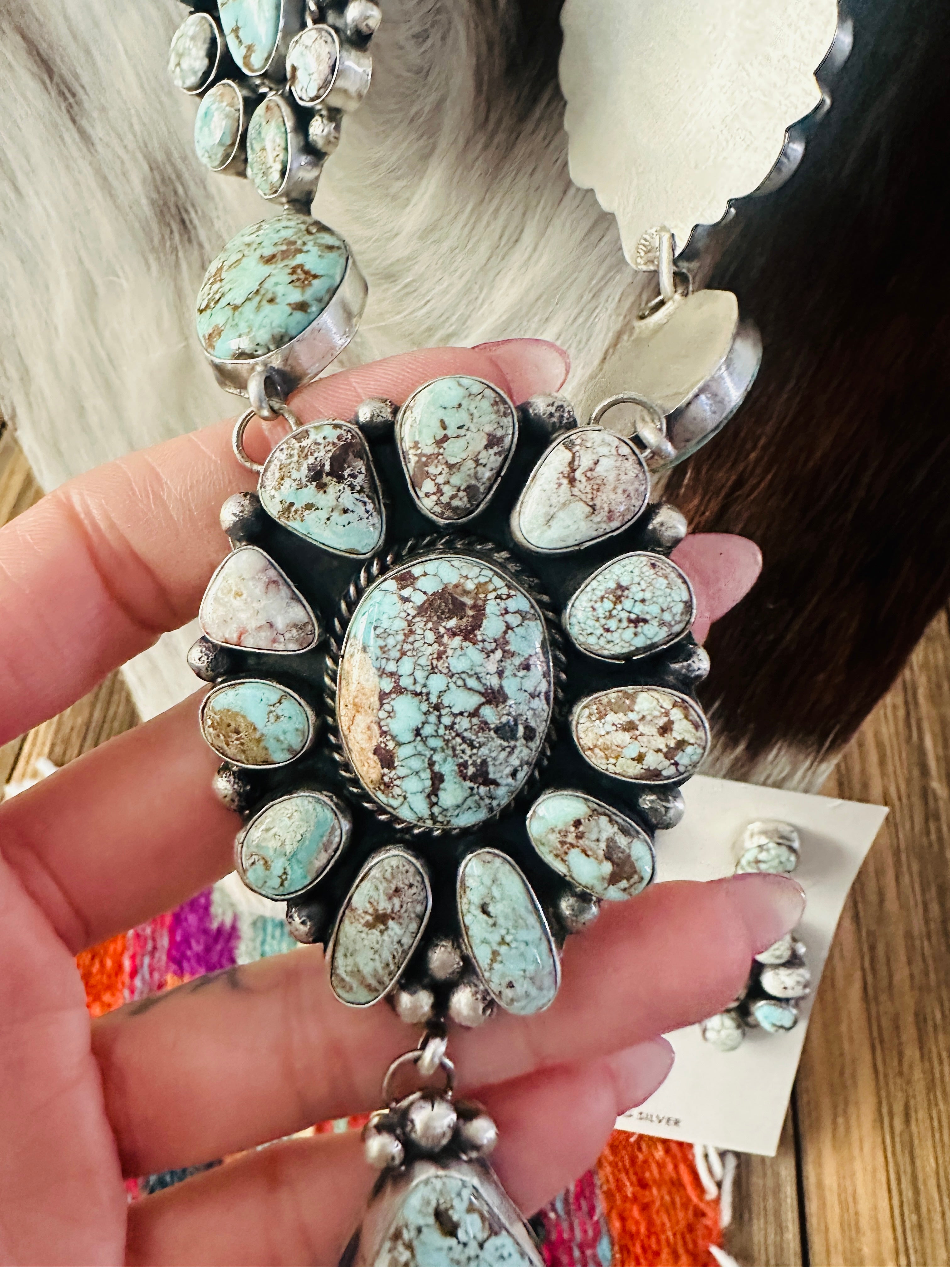 Handcrafted Dry Creek Turquoise & Sterling Silver Necklace and Earring Set by Louise Jim