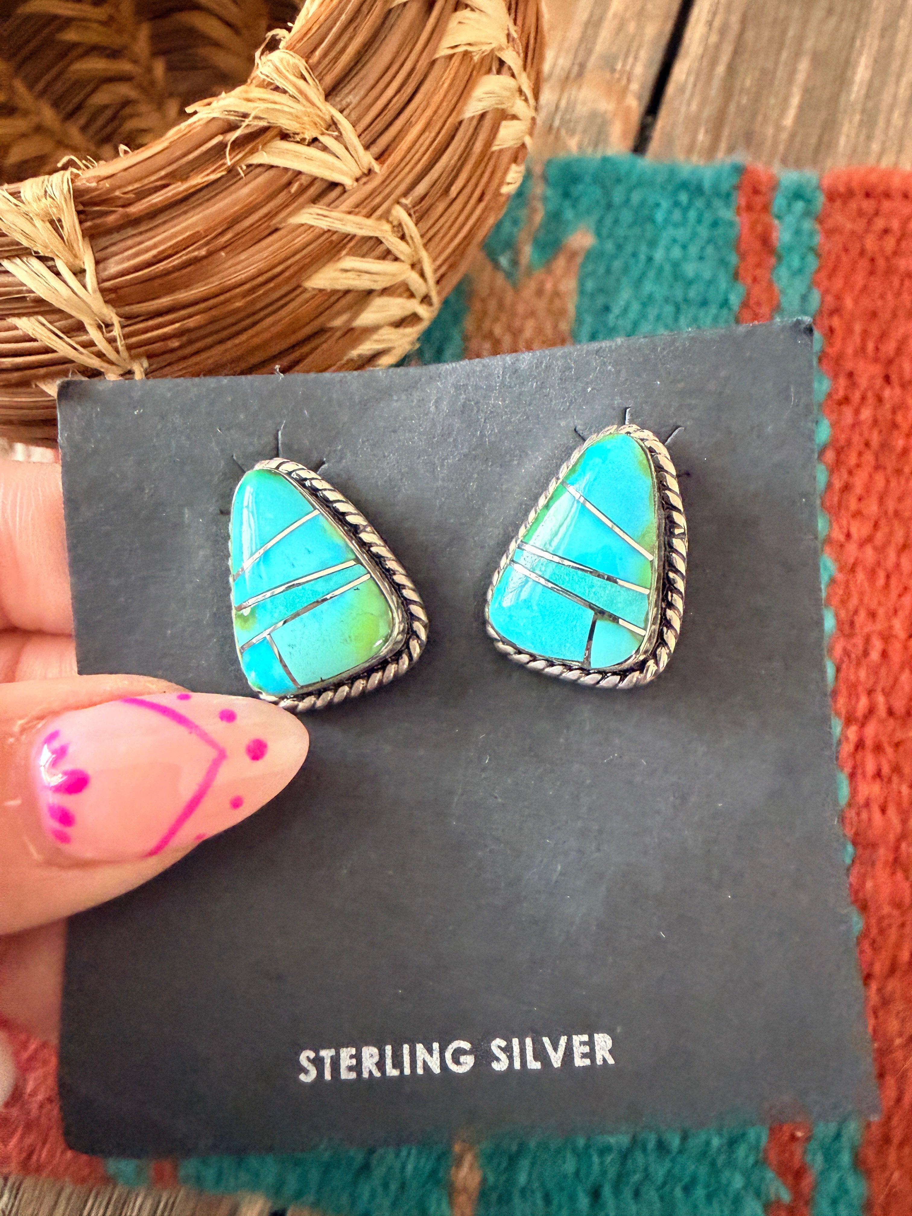 Handcrafted Turquoise & Sterling Silver Inlay Post Earrings