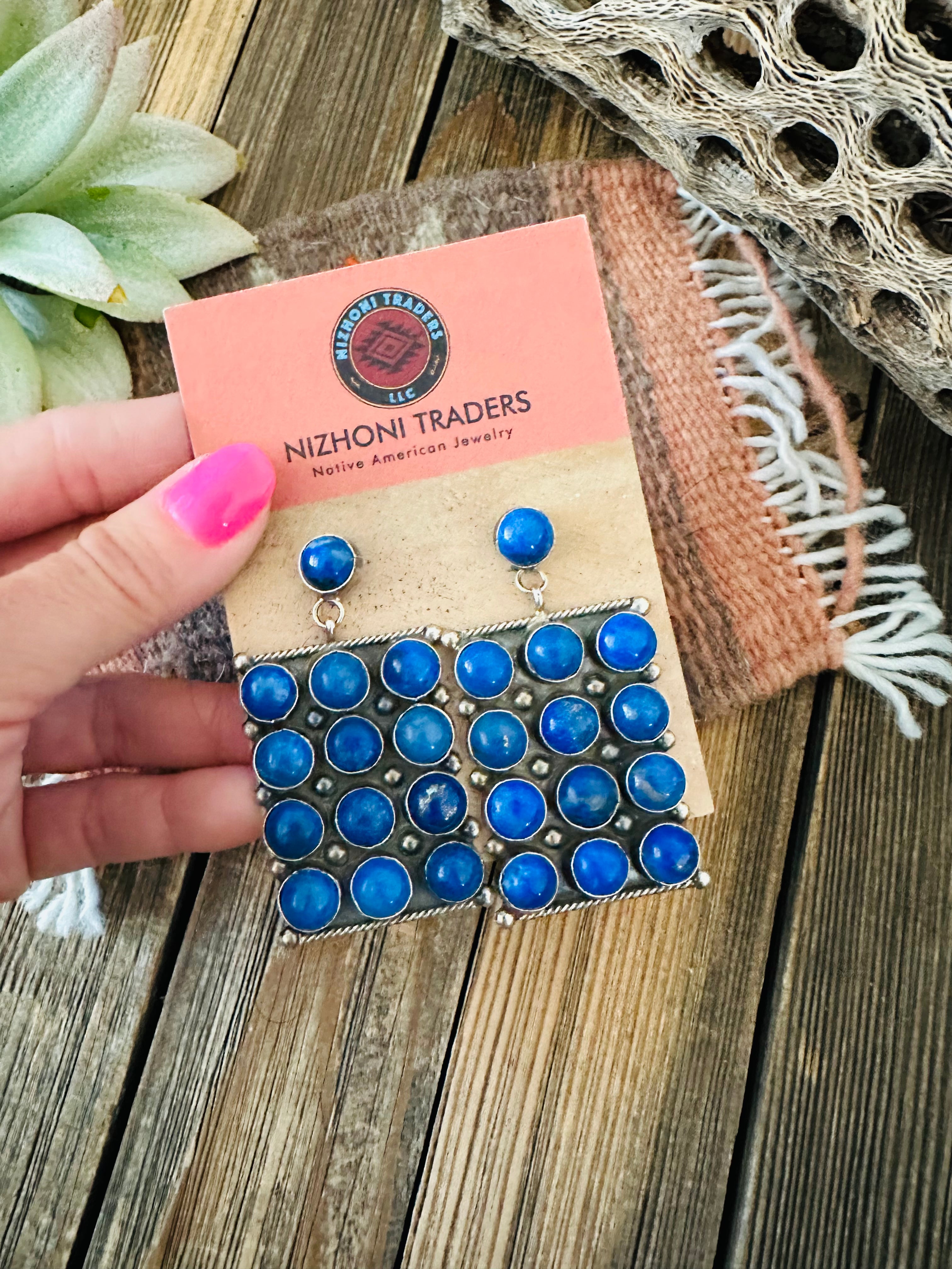 Navajo Lapis & Sterling Silver Cluster Dangle Earrings