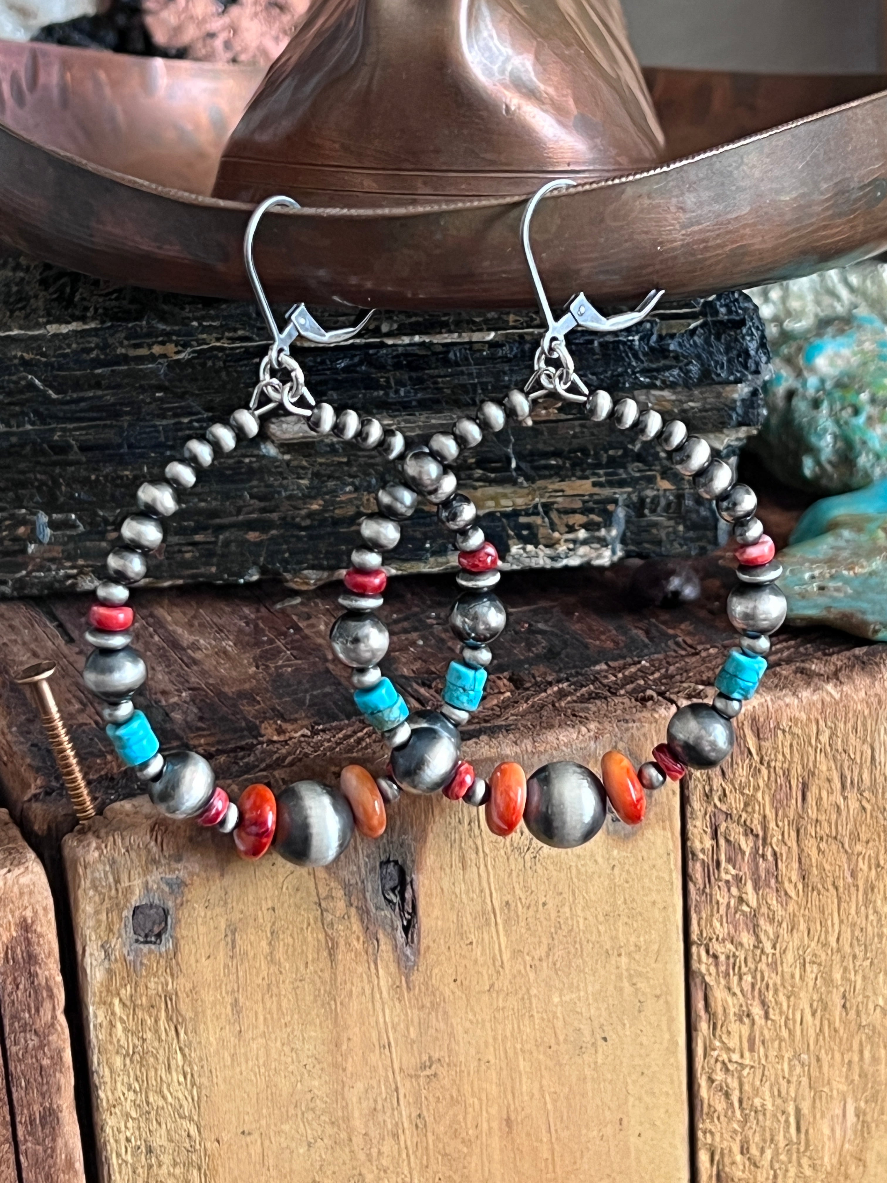 Handcrafted Electric Rainbow Sterling Silver, Turquoise & Spiny Oyster Beaded Hoop Earrings, Leverback
