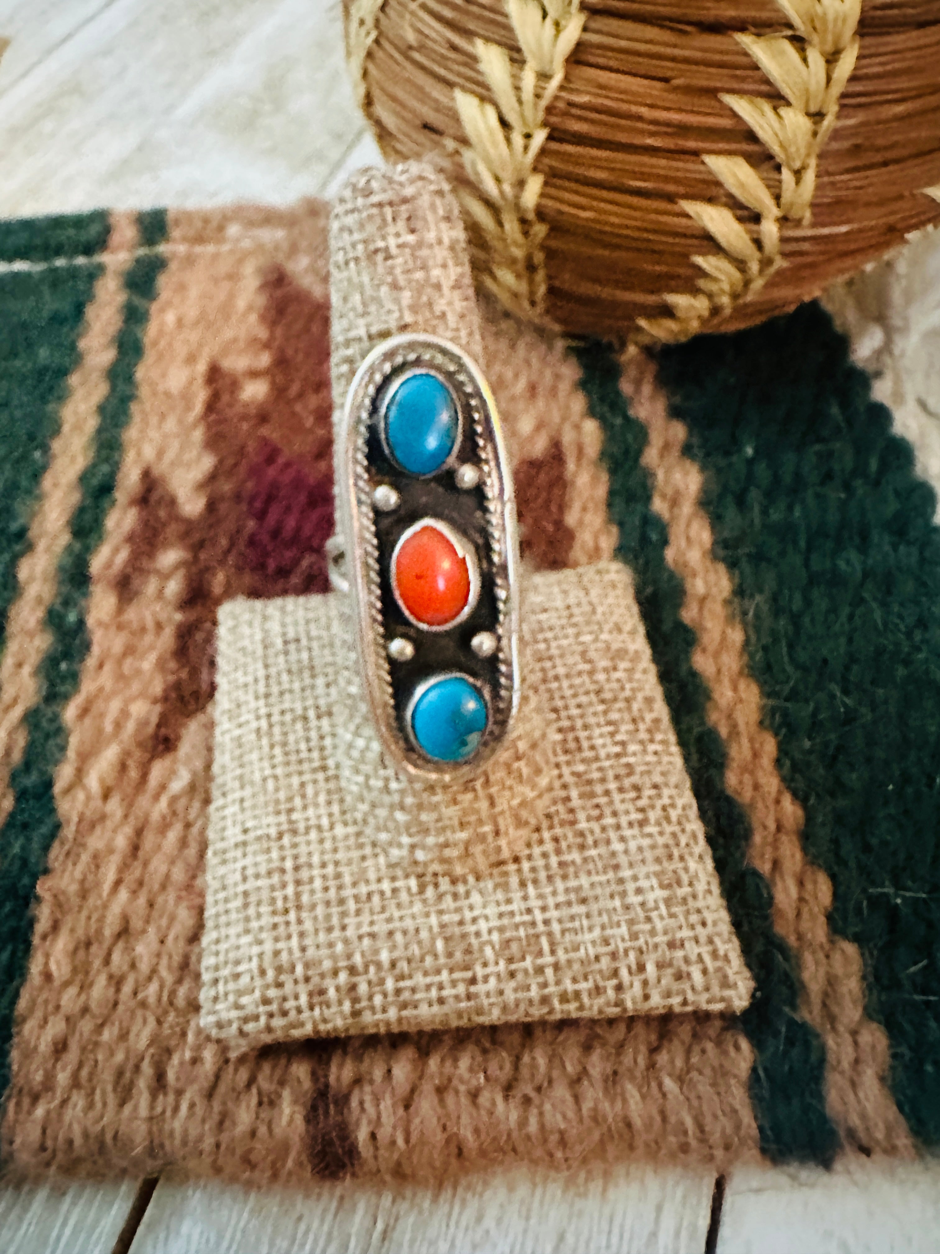 Handcrafted Old Pawn Turquoise, Coral and Sterling Silver Ring Size 8