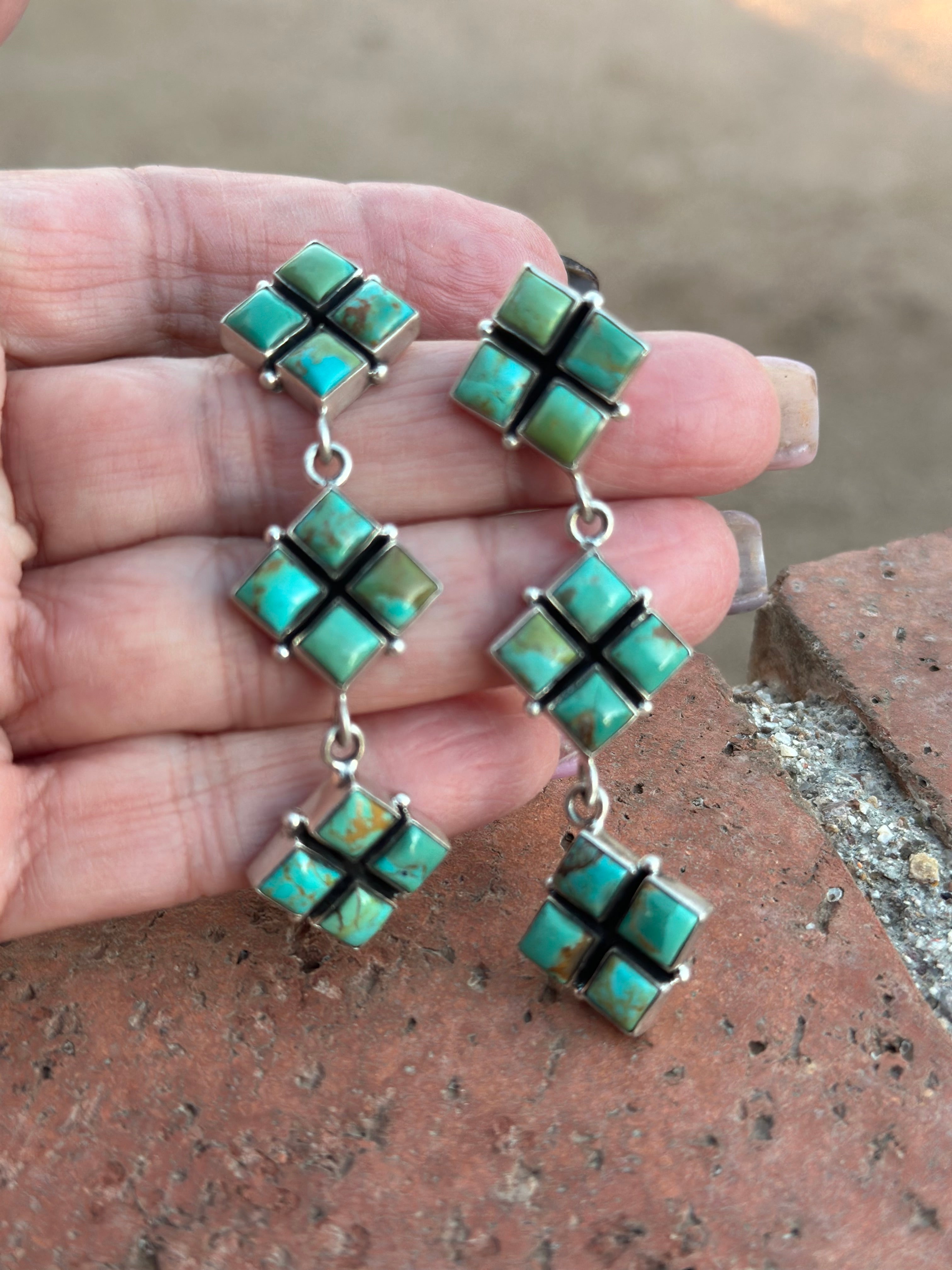 Handmade Royston Turquoise and Sterling Silver Post Dangle Earrings