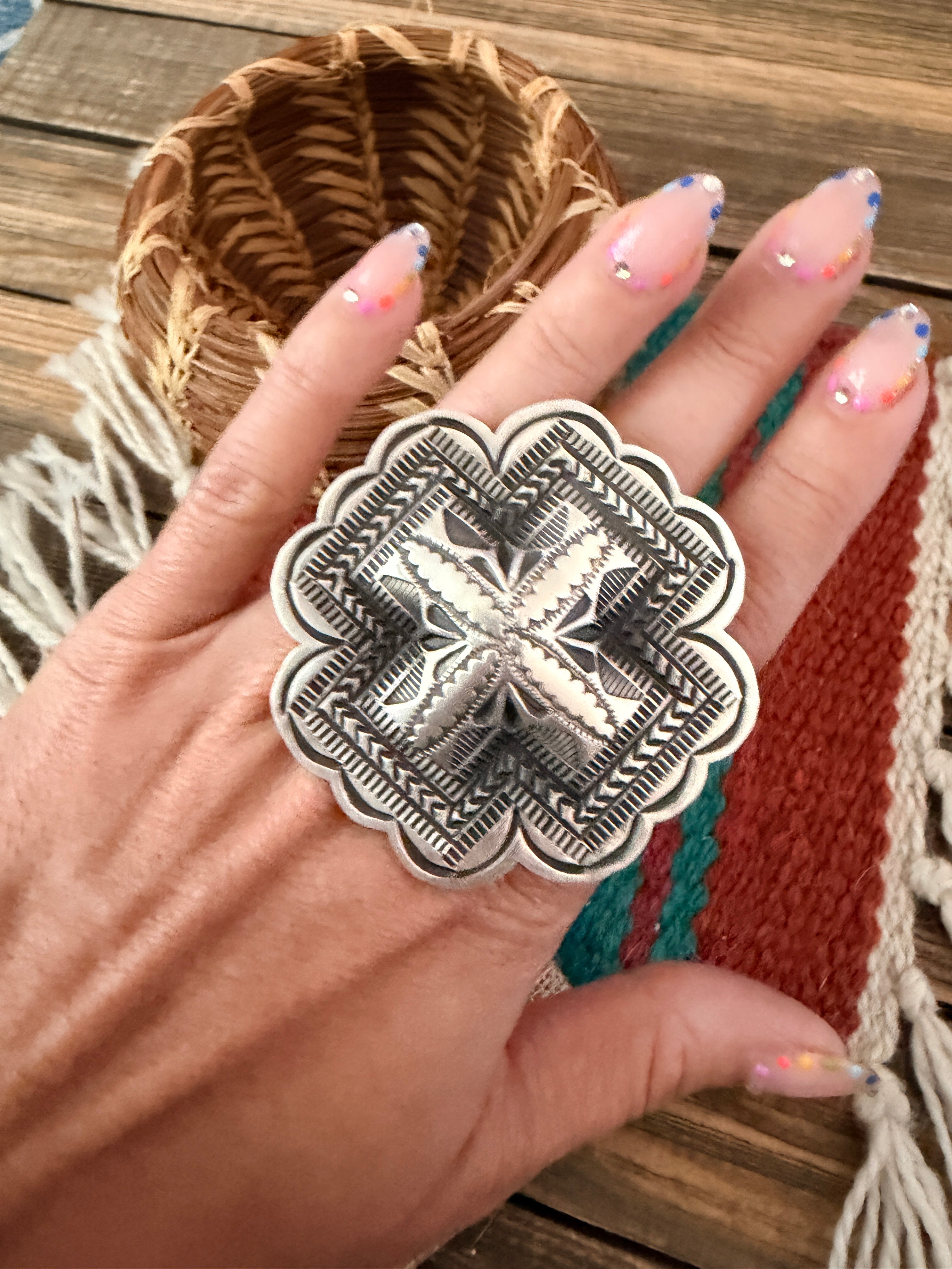 Handcrafted Sterling Silver Adjustable Cross Concho Ring by Leander Tahe