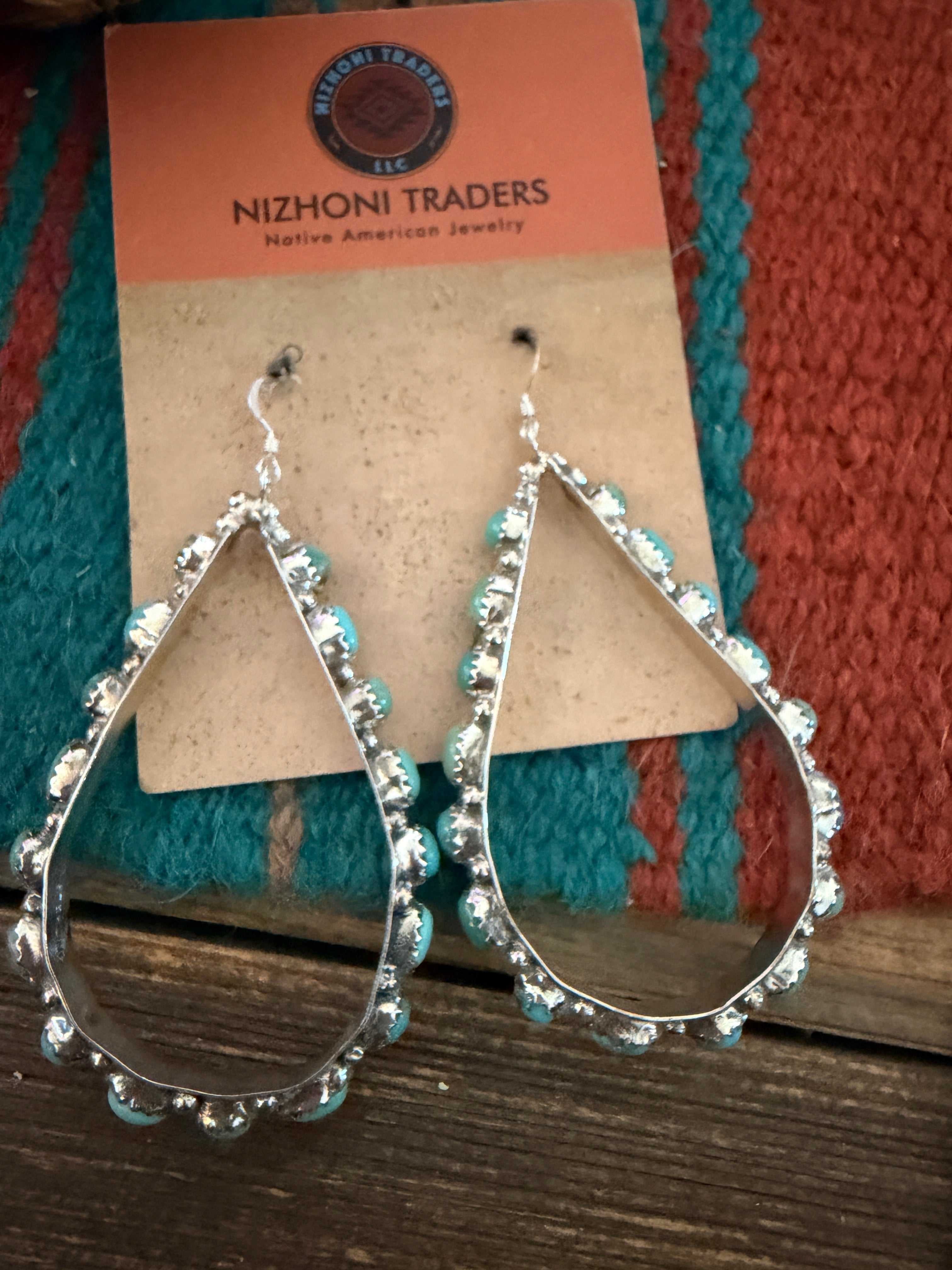 Handcrafted Turquoise & Sterling Silver Dangle Hoop Earrings