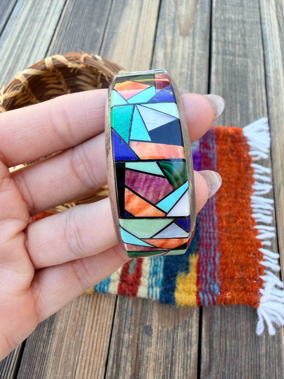 Handcrafted Old Pawn Sterling Silver & Multi Stone Inlay Mosaic Cuff Bracelet