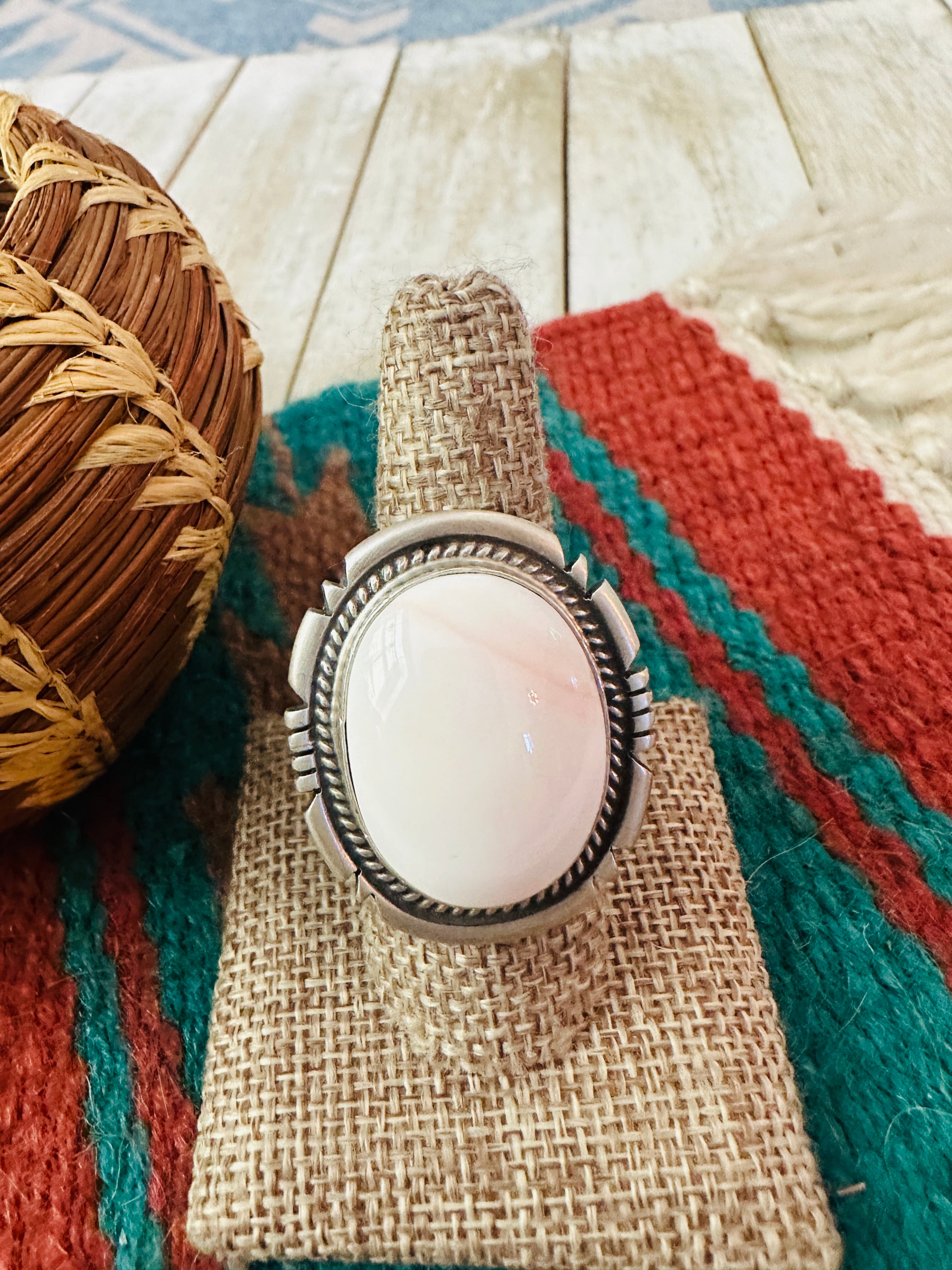 Handcrafted Queen Pink Conch & Sterling Silver Adjustable Ring