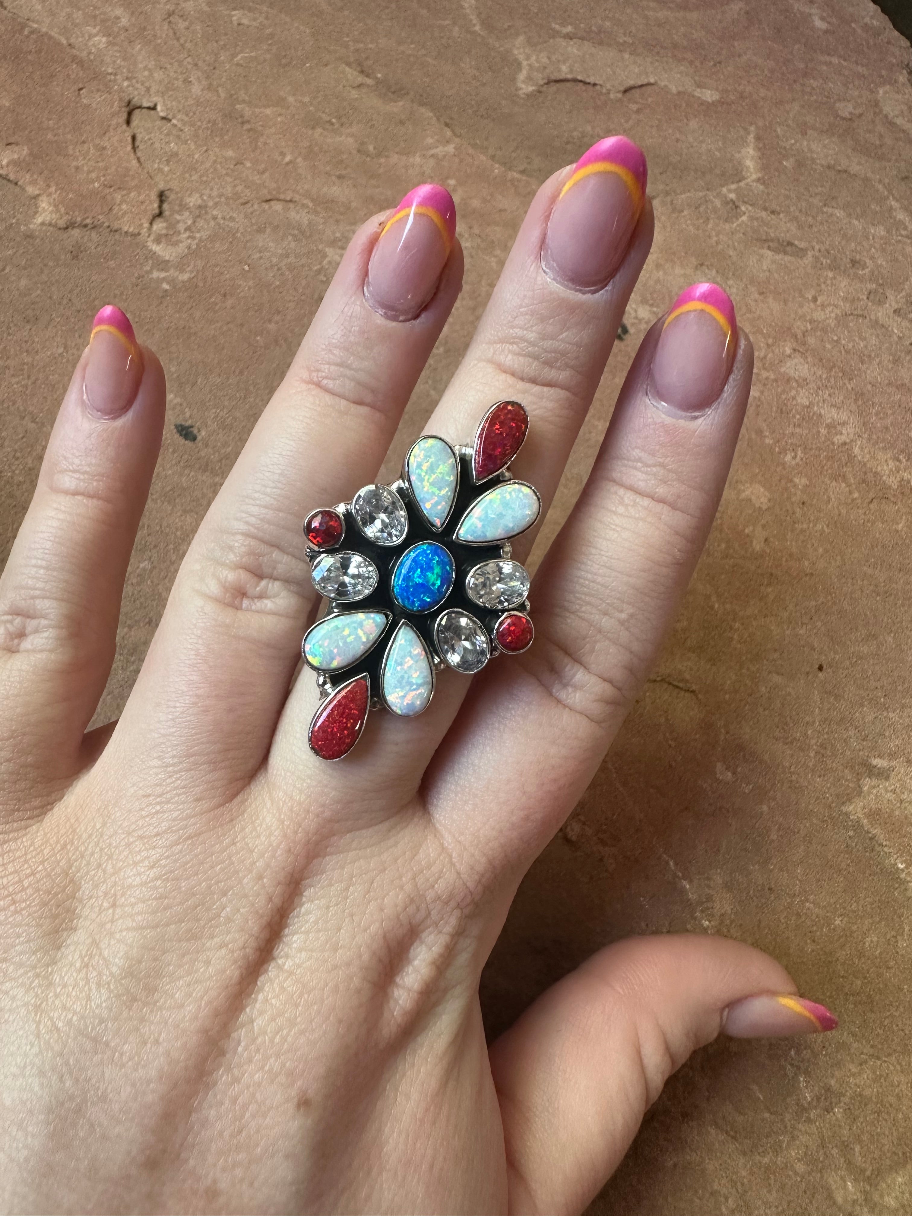 4TH OF JULY COLLECTION Handmade Red, White & Blue Fire Opal & Sterling Silver Adjustable Ring Signed Nizhoni