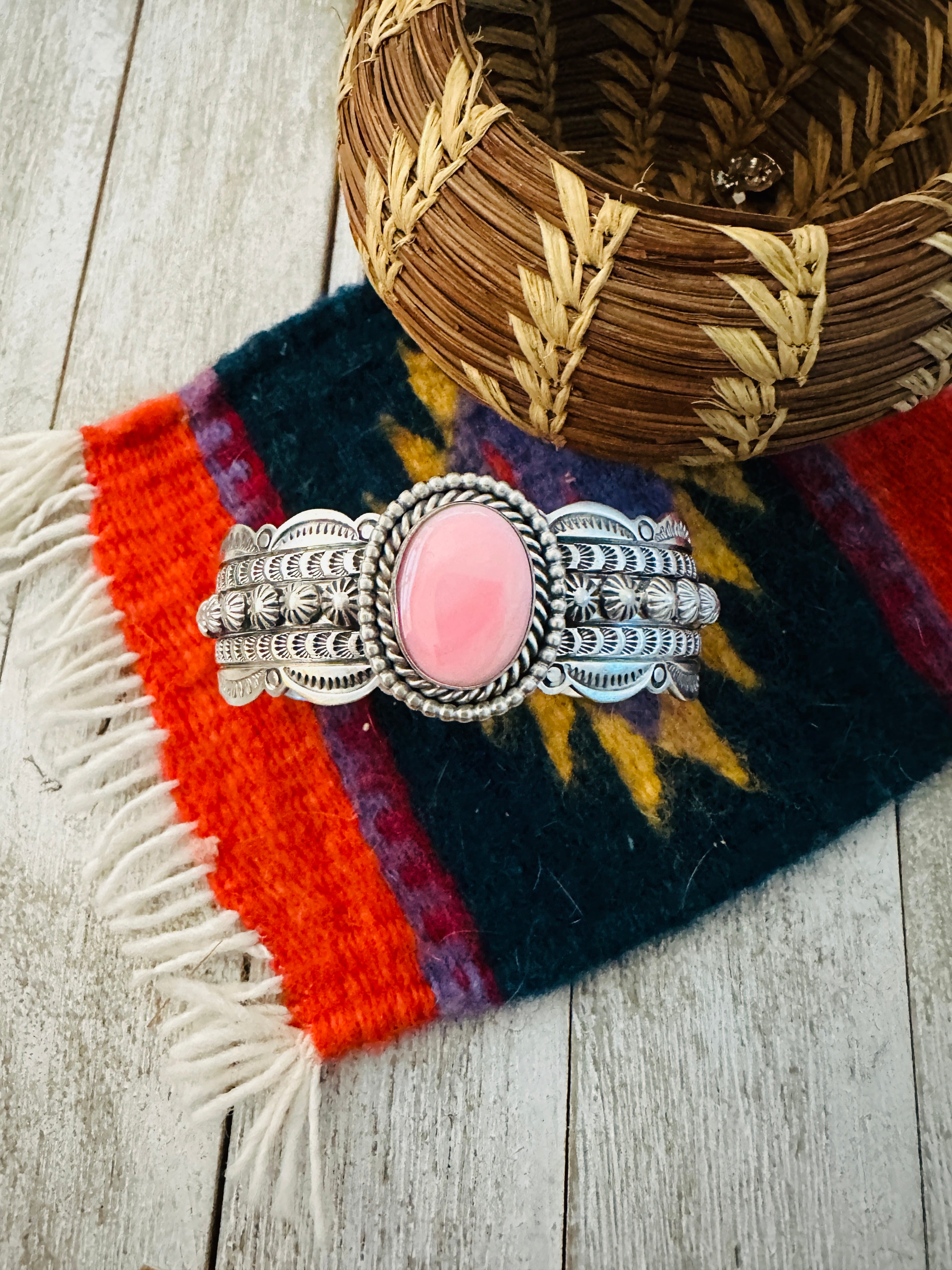 Navajo Queen Pink Conch Shell & Sterling Silver Cuff Bracelet